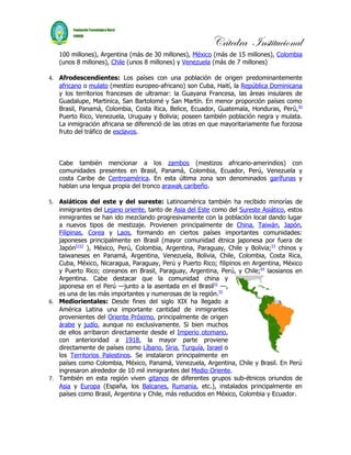 Cátedra Institucional
   100 millones), Argentina (más de 30 millones), México (más de 15 millones), Colombia
   (unos 8 millones), Chile (unos 8 millones) y Venezuela (más de 7 millones)

4. Afrodescendientes: Los países con una población de origen predominantemente
   africano o mulato (mestizo europeo-africano) son Cuba, Haití, la República Dominicana
   y los territorios franceses de ultramar: la Guayana Francesa, las áreas insulares de
   Guadalupe, Martinica, San Bartolomé y San Martín. En menor proporción países como
   Brasil, Panamá, Colombia, Costa Rica, Belice, Ecuador, Guatemala, Honduras, Perú,50
   Puerto Rico, Venezuela, Uruguay y Bolivia; poseen también población negra y mulata.
   La inmigración africana se diferenció de las otras en que mayoritariamente fue forzosa
   fruto del tráfico de esclavos.



   Cabe también mencionar a los zambos (mestizos africano-amerindios) con
   comunidades presentes en Brasil, Panamá, Colombia, Ecuador, Perú, Venezuela y
   costa Caribe de Centroamérica. En esta última zona son denominados garífunas y
   hablan una lengua propia del tronco arawak caribeño.

5. Asiáticos del este y del sureste: Latinoamérica también ha recibido minorías de
   inmigrantes del Lejano oriente, tanto de Asia del Este como del Sureste Asiático, estos
   inmigrantes se han ido mezclando progresivamente con la población local dando lugar
   a nuevos tipos de mestizaje. Provienen principalmente de China, Taiwán, Japón,
   Filipinas, Corea y Laos, formando en ciertos países importantes comunidades:
   japoneses principalmente en Brasil (mayor comunidad étnica japonesa por fuera de
   Japón5152 ), México, Perú, Colombia, Argentina, Paraguay, Chile y Bolivia;53 chinos y
   taiwaneses en Panamá, Argentina, Venezuela, Bolivia, Chile, Colombia, Costa Rica,
   Cuba, México, Nicaragua, Paraguay, Perú y Puerto Rico; filipinos en Argentina, México
   y Puerto Rico; coreanos en Brasil, Paraguay, Argentina, Perú, y Chile;54 laosianos en
   Argentina. Cabe destacar que la comunidad china y
   japonesa en el Perú —junto a la asentada en el Brasil51 —,
   es una de las más importantes y numerosas de la región.55
6. Mediorientales: Desde fines del siglo XIX ha llegado a
   América Latina una importante cantidad de inmigrantes
   provenientes del Oriente Próximo, principalmente de origen
   árabe y judío, aunque no exclusivamente. Si bien muchos
   de ellos arribaron directamente desde el Imperio otomano,
   con anterioridad a 1918, la mayor parte proviene
   directamente de países como Líbano, Siria, Turquía, Israel o
   los Territorios Palestinos. Se instalaron principalmente en
   países como Colombia, México, Panamá, Venezuela, Argentina, Chile y Brasil. En Perú
   ingresaron alrededor de 10 mil inmigrantes del Medio Oriente.
7. También en esta región viven gitanos de diferentes grupos sub-étnicos oriundos de
   Asia y Europa (España, los Balcanes, Rumania, etc.), instalados principalmente en
   países como Brasil, Argentina y Chile, más reducidos en México, Colombia y Ecuador.
 