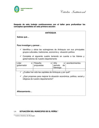 Cátedra Institucional


Después de este trabajo continuaremos con el taller para profundizar los
conceptos aprendidos en esta primera sección:


                                           ANTIOQUIA

       Sabías qué…



       Para investigar y pensar…

             Identifica y ubica las subregiones de Antioquia con sus principales
              grupos culturales, tradiciones, economía y situación política

             Completa el siguiente cuadro teniendo en cuenta a los líderes y
              gobernadores de nuestro departamento

       Líder                o Filosofía        o Año       o acontecimientos
       gobernador             propuestas         periodo de
                                                 liderazgo

             ¿Cuáles han sido las capitales de Antioquia y por qué?

             ¿Qué propones para mejorar la situación económica, política, social y
              religiosa de nuestro departamento?




       Afianzamiento…




1.4.       SITUACIÓN DEL MUNICIPIO DE EL PEÑOL26

26
     Archivo histórico de Rionegro.
 