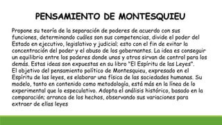 PENSAMIENTO DE MONTESQUIEU
Propone su teoría de la separación de poderes de acuerdo con sus
funciones, determinando cuáles son sus competencias, divide el poder del
Estado en ejecutivo, legislativo y judicial; esto con el fin de evitar la
concentración del poder y el abuso de los gobernantes. La idea es conseguir
un equilibrio entre los poderes donde unos y otros sirvan de control para los
demás. Estas ideas son expuestas en su libro "El Espíritu de las Leyes".
El objetivo del pensamiento político de Montesquieu, expresado en el
Espíritu de las leyes, es elaborar una física de las sociedades humanas. Su
modelo, tanto en contenido como metodología, está más en la línea de lo
experimental que lo especulativo. Adopta el análisis histórico, basado en la
comparación; arranca de los hechos, observando sus variaciones para
extraer de ellas leyes
 