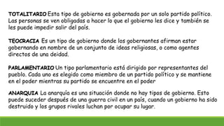 TOTALITARIO Esta tipo de gobierno es gobernada por un solo partido político.
Las personas se ven obligadas a hacer lo que el gobierno les dice y también se
les puede impedir salir del país.
TEOCRACIA Es un tipo de gobierno donde los gobernantes afirman estar
gobernando en nombre de un conjunto de ideas religiosas, o como agentes
directos de una deidad.
PARLAMENTARIO Un tipo parlamentario está dirigido por representantes del
pueblo. Cada uno es elegido como miembro de un partido político y se mantiene
en el poder mientras su partido se encuentre en el poder
ANARQUIA La anarquía es una situación donde no hay tipos de gobierno. Esto
puede suceder después de una guerra civil en un país, cuando un gobierno ha sido
destruido y los grupos rivales luchan por ocupar su lugar.
 