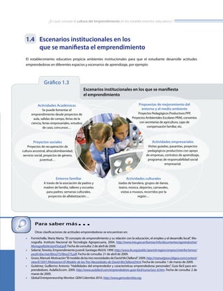 ¿En qué consiste la cultura del emprendimiento en los establecimientos educativos?
Para saber más…
Otras clasificaciones de actitudes emprendedoras se encuentran en:
•	 Formichella, María Marta.“El concepto de emprendimiento y su relación con la educación, el empleo y el desarrollo local”. Mo-
nografía. Instituto Nacional de Tecnología Agropecuaria, 2004. http://www.inta.gov.ar/barrow/info/documentos/agroindustria/
MonografiaVersionFinal.pdf. Fecha de consulta: 2 de abril de 2009.
•	 Selamé,Teresita.Emprendimientojuvenil.Santiago:INJUV,1999.http://www.ilo.org/public/spanish/region/ampro/cinterfor/temas/
youth/doc/not/libro275/libro275.pdf. Fecha de consulta: 21 de abril de 2009.
•	 Groos,Manuel.Motivación“ElmodelodelastresnecesidadesdeDavidMcClelland”.2009.http://manuelgross.bligoo.com/content/
view/615051/Motivacion-El-Modelo-de-las-Tres-Necesidades-de-David-McClelland.html. Fecha de consulta: 1 de marzo de 2009.
•	 Gutiérrez, Guillermo Antonio. “Habilidades del emprendedor y características emprendedoras personales”. Guía fácil para em-
prendedores. Aulafácil.com. 2009. http://www.aulafacil.com/emprendedores-guia-facil/curso/Lecc-6.htm. Fecha de consulta: 2 de
marzo de 2009.
•	 Global Entrepreneurship Monitor. GEM Colombia 2010. http://www.gemcolombia.org.
1.4	 Escenarios institucionales en los
	 que se manifiesta el emprendimiento
El establecimiento educativo propicia ambientes institucionales para que el estudiante desarrolle actitudes
emprendedoras en diferentes espacios y escenarios de aprendizaje, por ejemplo:
Gráfico 1.3
			 Escenarios institucionales en los que se manifiesta
			 el emprendimiento
Propuestas de mejoramiento del
entorno y el medio ambiente
Proyectos Pedagógicos Productivos PPP,
Proyectos Ambientales Escolares PRAE, convenios
con secretarías de agricultura, cajas de
compensación familiar, etc.
Actividades empresariales
Visitas guiadas, pasantías, proyectos
pedagógicos productivos con apoyo
de empresas, contratos de aprendizaje,
programas de responsabilidad social
empresarial.
Actividades culturales
Izadas de bandera, grupos de danza,
teatro, música, deportes, carnavales,
visitas a museos, recorridos por la
región…
Actividades Académicas
Se puede fomentar el
emprendimiento desde proyectos de
aula, salidas de campo, ferias de la
ciencia, ferias empresariales, estudios
de caso, concursos…
Entorno familiar
A través de la asociación de padres y
madres de familia, talleres y escuelas
para padres; semanas culturales,
proyectos de alfabetización…
Proyectos sociales
Proyectos de recuperación de
cultura ancestral, afrocolombianidad,
servicio social, proyectos de género,
juventud…
 