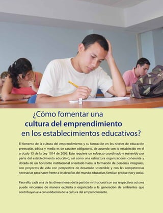 El fomento de la cultura del emprendimiento y su formación en los niveles de educación
preescolar, básica y media es de carácter obligatorio, de acuerdo con lo establecido en el
artículo 13 de la Ley 1014 de 2006. Esto requiere un esfuerzo coordinado y sostenido por
parte del establecimiento educativo, así como una estructura organizacional coherente y
dotada de un horizonte institucional orientado hacia la formación de personas integrales,
con proyectos de vida con perspectiva de desarrollo sostenible y con las competencias
necesarias para hacer frente a los desafíos del mundo educativo, familiar, productivo y social.
Para ello, cada una de las dimensiones de la gestión institucional con sus respectivos actores
puede vincularse de manera explícita y organizada a la generación de ambientes que
contribuyan a la consolidación de la cultura del emprendimiento.
	 ¿Cómo fomentar una
cultura del emprendimiento
en los establecimientos educativos?
 