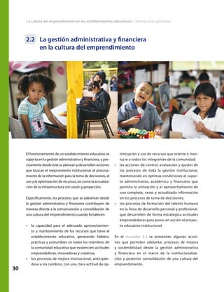 30
La cultura del emprendimiento en los establecimientos educativos • Orientaciones generales
2.2	 La gestión administrativa y financiera
en la cultura del emprendimiento
El funcionamiento de un establecimiento educativo se
soporta en la gestión administrativa y financiera, y pre-
cisamente desde ésta se planean y desarrollan acciones
que buscan el mejoramiento institucional, el procesa-
miento de la información para la toma de decisiones, el
uso y la optimización de recursos, así como la actualiza-
ción de la infraestructura con visión y proyección.
Específicamente, los procesos que se adelantan desde
la gestión administrativa y financiera contribuyen de
manera directa a la estructuración y consolidación de
una cultura del emprendimiento cuando fortalecen:
•	 la capacidad para el adecuado aprovechamien-
to y mantenimiento de los recursos que tiene el
establecimiento educativo, generando hábitos,
prácticas y costumbres en todos los miembros de
la comunidad educativa que evidencien actitudes
emprendedoras, innovadoras y creativas;
•	 los procesos de mejora institucional, anticipán-
dose a los cambios, con una clara actitud de op-
timización y uso de recursos que oriente e invo-
lucre a todos los integrantes de la comunidad;
•	 las acciones de control, evaluación y ajustes de
los procesos de toda la gestión institucional,
manteniendo en óptimas condiciones el sopor-
te administrativo, académico y financiero que
permita la utilización y el aprovechamiento de
una completa, veraz y actualizada información
en los procesos de toma de decisiones;
•	 los procesos de formación del talento humano
en la línea de desarrollo personal y profesional,
que desarrollen de forma estratégica actitudes
emprendedoras para poner en acción el proyec-
to educativo institucional.
En el recuadro 2.2 se presentan algunas accio-
nes que permiten adelantar procesos de mejora
y sostenibilidad desde la gestión administrativa
y financiera en el marco de la institucionaliza-
ción y posterior consolidación de una cultura del
emprendimiento.
 