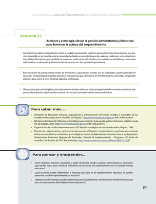 ¿Cómo fomentar una cultura del emprendimiento en los establecimientos educativos?
31
Para saber más…
•	 Ministerio de Educación Nacional. Organización y administración de bienes muebles e inmuebles de los
establecimientos educativos. Guía No. 20. Bogotá, . http://www.mineducacion.gov.co, links Publicaciones.
•	 Ministerio de Educación Nacional. Aprendizajes para mejorar. Guía para la gestión de buenas prácticas. Guía
No. 28. Bogotá, 2007. http://www.mineducacion.gov.co, links Publicaciones.
•	 Organización de Estados Iberoamericanos, OEI. Gestión estratégica en centros educativos. Bogotá, 1996.
•	 Plan de uso, mejoramiento y optimización de recursos: Utilización, mantenimiento y optimización constante
de los recursos (físicos, económicos y tecnológicos) que el establecimiento educativo tiene a su disposición.
(Corporación Autónoma Regional de Santander. “Manual de implementación – Programa 5S”. Fecha de
consulta: 5 de febrero de 2010, Bucaramanga. http://www.eumed.net/cursecon/libreria/2004/5s/2.pdf).
Recuadro 2.2.
Acciones y estrategias desde la gestión administrativa y financiera
para fomentar la cultura del emprendimiento
•	 Generación de cultura institucional en torno al cuidado, preservación y óptimo aprovechamiento de los recursos que per-
mita desarrollar en los miembros de la comunidad actitudes emprendedoras en las cuales se evidencien, entre otras inicia-
tivas, la identificación de oportunidades de mejora en medio de las dificultades, y la consolidación de hábitos y costumbres
relacionados con el manejo y administración de recursos con alto sentido de pertenencia.
•	 Estructuración de planes institucionales de formación y capacitación acordes con las realidades y particularidades en
las cuales se desarrolla el proyecto educativo institucional, que permitan a los miembros de la comunidad emprender
acciones para crecer a nivel personal, laboral y profesional.
•	 Planeación y ejecución de planes de mejoramiento donde exista una visión prospectiva de la inversión económica, que
permita la utilización óptima de los recursos con los que cuenta el establecimiento educativo.
•	 Como directivo, docente, estudiante o padre de familia, desde la gestión administrativa y financiera,
¿qué puede hacer para contribuir al fomento de la cultura del emprendimiento en el establecimiento
educativo?
•	 ¿Qué acciones puede implementar o impulsar para que en el establecimiento educativo se cuiden,
preserven y utilicen óptimamente los recursos?
•	 ¿Mediantequéestrategiaspuedeimplementarprocesostendientesalaobtencióndediferentesrecursos
para el mejoramiento del establecimiento educativo?
Para pensar y emprender...
 