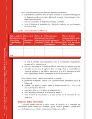 20
CursodegerenciaparaelmanejoefectivodelProgramaAmpliadodeInmunización(PAI)
Para la revisión de registros se recomienda el siguiente procedimiento:
• pedir todos los cuadernos o libros de registro existentes en el establecimiento y buscar
los diagnósticos de las enfermedades objeto de la búsqueda, incluyendo los principales
diagnósticos diferenciales;
• contar el número total de diagnósticos revisados y anotarlos;
• llenar el formulario de búsqueda activa y discutir los resultados con los responsables
de salud del área;
Cuadro 1. Busqueda activa institucional
• en caso de encontrar casos sospechosos, hacer la investigación correspondiente,
llenando la ficha epidemiológica; y
• calcular el porcentaje de los casos encontrados en la búsqueda activa que ya eran
conocidos por el sistema de vigilancia. Este porcentaje refleja la “sensibilidad” del
sistema de vigilancia, la cual debe ser por lo menos de un 80%. Si es menor del 80%,
deben implementarse acciones para mejorar la calidad de la notificación.
Para la entrevista con los trabajadores de salud se recomienda:
• preguntar si atendieron o conocen casos sospechosos de las enfermedades objeto de
la búsqueda;
• si vieron casos, preguntar cuándo, dónde, si tienen la identificación y dirección del
caso y un croquis del domicilio;
• registrar los datos en el formulario de búsqueda activa;
• visitar los casos y clasificarlos de acuerdo a las normas; y
• llenar la ficha de investigación si el caso cumple con la definición de caso
sospechoso.
Búsqueda activa comunitaria
La búsqueda activa comunitaria se realiza a través de entrevistas en la comunidad, que
pueden incluir líderes comunitarios, residentes, iglesias, escuelas, guarderías, colegios entre
otros, tanto públicos como privados y organizaciónes no gubernamentales.
Tipo de cuaderno
(consulta externa,
emergencias,
hospitalización,
etc.)
Número total
de
diagnósticos
revisados
Número de
diagnósticos
sospechosos
encontrados
Número de casos
sospechosos
encontrados que no
habían sido notiﬁcados
anteriormente
Número de casos
sospechosos a los cuales
se visitó en la casa, y
se les tomó una muestra
de ser necesario
Total
 