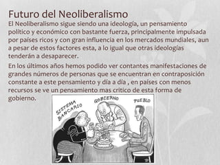 Futuro del Neoliberalismo
El Neoliberalismo sigue siendo una ideología, un pensamiento
político y económico con bastante fuerza, principalmente impulsada
por países ricos y con gran influencia en los mercados mundiales, aun
a pesar de estos factores esta, a lo igual que otras ideologías
tenderán a desaparecer.
En los últimos años hemos podido ver contantes manifestaciones de
grandes números de personas que se encuentran en contraposición
constante a este pensamiento y día a día , en países con menos
recursos se ve un pensamiento mas critico de esta forma de
gobierno.

 
