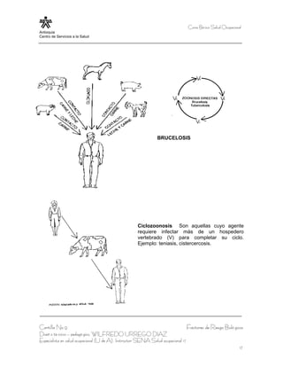 Curso Bá sico Salud Ocupacional
    Antioquia
    Centro de Servicios a la Salud




BRU CELOSIS




                                                                    BRUCELOSIS




                                                         Ciclozoonosis Son aquellas cuyo agente
                                                         requiere infectar más de un hospedero
                                                         vertebrado (V) para completar su ciclo.
                                                         Ejemplo: teniasis, cistercercosis.




    Cartilla No 9                                                                      Factores de Riesgo Bioló gicos
    Diseñ o té cnico – pedagó gico, WILFREDO URREGO DIAZ
    Especialista en salud ocupacional (U de A), Instructor SENA Salud ocupacional 17
                                                                                                                    17
 