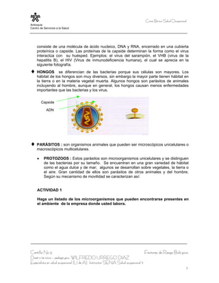Curso Bá sico Salud Ocupacional
Antioquia
Centro de Servicios a la Salud




     consiste de una molécula de ácido nucleico, DNA y RNA, encerrado en una cubierta
     proteínica o capside. Las proteínas de la capside determinan la forma como el virus
     interactúa con su huésped. Ejemplos: el virus del sarampión, el VHB (virus de la
     hepatitis B), el HIV (Virus de inmunodeficiencia humana), el cual se aprecia en la
     siguiente fotografía.
♦ HONGOS          se diferencian de las bacterias porque sus células son mayores. Los
     hábitat de los hongos son muy diversos, sin embargo la mayor parte tienen hábitat en
     la tierra o en la materia vegetal muerta. Algunos hongos son parásitos de animales
     incluyendo al hombre, aunque en general, los hongos causan menos enfermedades
     importantes que las bacterias y los virus.


         Capside

            ADN




♦ PARÁSITOS : son organismos animales que pueden ser microscópicos unicelulares o
     macroscópicos multicelulares.

     •    PROTOZOOS : Estos parásitos son microorganismos unicelulares y se distinguen
          de las bacterias por su tamaño. Se encuentran en una gran variedad de hábitat
          como el agua dulce y de mar; algunos se desarrollan sobre vegetales, la tierra o
          el aire. Gran cantidad de ellos son parásitos de otros animales y del hombre.
          Según su mecanismo de movilidad se caracterizan así:


     ACTIVIDAD 1

     Haga un listado de los microorganismos que pueden encontrarse presentes en
     el ambiente de la empresa donde usted labora.




Cartilla No 9                                                                     Factores de Riesgo Bioló gicos
Diseñ o té cnico – pedagó gico, WILFREDO URREGO DIAZ
Especialista en salud ocupacional (U de A), Instructor SENA Salud ocupacional 3
                                                                                                                3
 
