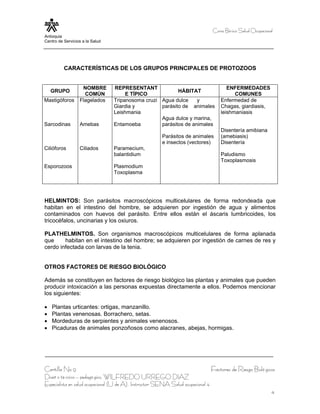 Curso Bá sico Salud Ocupacional
Antioquia
Centro de Servicios a la Salud




          CARACTERÍSTICAS DE LOS GRUPOS PRINCIPALES DE PROTOZOOS


                   NOMBRE        REPRESENTANT                                            ENFERMEDADES
    GRUPO                                                 HÁBITAT
                    COMÚN             E TÍPICO                                              COMUNES
Mastigóforos      Flagelados     Tripanosoma cruzi Agua dulce     y                   Enfermedad de
                                 Giardia y         parásito de animales               Chagas, giardiasis,
                                 Leishmania                                           leishmaniasis
                                                   Agua dulce y marina,
Sarcodinas        Amebas         Entamoeba         parásitos de animales
                                                                                      Disentería amibiana
                                                        Parásitos de animales         (amebiasis)
                                                        e insectos (vectores)         Disentería
Cilióforos        Ciliados       Paramecium,
                                 balantidium                                          Paludismo
                                                                                      Toxoplasmosis
Esporozoos                       Plasmodium
                                 Toxoplasma




HELMINTOS: Son parásitos macroscópicos multicelulares de forma redondeada que
habitan en el intestino del hombre, se adquieren por ingestión de agua y alimentos
contaminados con huevos del parásito. Entre ellos están el áscaris lumbricoides, los
tricocéfalos, uncinarias y los oxiuros.

PLATHELMINTOS. Son organismos macroscópicos multicelulares de forma aplanada
que     habitan en el intestino del hombre; se adquieren por ingestión de carnes de res y
cerdo infectada con larvas de la tenia.


OTROS FACTORES DE RIESGO BIOLÓGICO

Además se constituyen en factores de riesgo biológico las plantas y animales que pueden
producir intoxicación a las personas expuestas directamente a ellos. Podemos mencionar
los siguientes:

•   Plantas urticantes: ortigas, manzanillo.
•   Plantas venenosas. Borrachero, setas.
•   Mordeduras de serpientes y animales venenosos.
•   Picaduras de animales ponzoñosos como alacranes, abejas, hormigas.




Cartilla No 9                                                                     Factores de Riesgo Bioló gicos
Diseñ o té cnico – pedagó gico, WILFREDO URREGO DIAZ
Especialista en salud ocupacional (U de A), Instructor SENA Salud ocupacional 4
                                                                                                                4
 