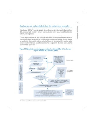 37

      Evaluación de vulnerabilidad de las coberturas vegetales




                                                                                                                     Preparándose para el futuro
      Estudio del IDEAM17, donde a partir de un Sistema de Información Geográfico-
      SIG, se organizó, evaluó y obtuvo los resultados sobre la vulnerabilidad de las
      coberturas vegetales.

      Con el objeto de evaluar la vulnerabilidad de las coberturas vegetales ante un
      cambio climático, se aplicó un modelo interpretativo de función directa donde
      se analizó la distribución y área actual y futura de la vegetación, sujetas a las
      condiciones climáticas. Esta tarea se cumplió siguiendo diversas fases, como
      lo muestra la figura 12.

     Figura 12. Ejemplo de metodología para evaluar la vulnerabilidad de la cobertura
                          vegetal (tomado de Gutiérrez, 2001)
HOLDRIDGE




                                   Biotemperatura                            ZONAS DE VIDA DE
 ACTUAL
  FASE I:




                                   30º C<T>0ºC                                 HOLDRIDGE Y
                                                                               TRNSICIONES
                                                                              ACTUALES LÍNEA
                                                                              BASE CLIMÁTICA         CALDAS LANG
                                     DEM
                                                                                 1961-1990
                                   Precipitación
                                    1961-1990
HOLDRIDGE CON ESCENARIO
  DE CAMBIO CLIMÁTICO




                                            RELACIÓN DE
                           ETP/PRECIP        HUMEDAD                                   ESCENARIOS
                                                                                       FUTUROS DE     ESCENARIO
        FASE II:




                                                                                         CAMBIO       OPTIMISTA
                               Evapotranspiración                                       CLIMÁTICO
                                                                                         PRECIP
                                                                                          TEMP
                                                                                          Y ETP
                                         Modificación Áreas
                                         Zonas de Vida de
                                            Holdridge
                                                                       ZONAS DE VIDA DE HOLDRIDGE Y
                                                                      TRANSICIONES CON ESCENARIO DE
                                                                             CAMBIO CLIMÁTICO
Vulnerabilidad de las
 coberturas vegetas




                                               Coberturas Vegetales, Uso y Ocupación
                                                            del Territorio
      FASE III:




                                                                                                      GRADO DE
                                                      MATRICES DE PONDERACIÓN DE:                   VULNERABILIDAD
                                               1. ÁREAS DE TRANSICIONES DE ZONAS DE VIDA                DE LAS
                                           2. DESPLAZAMIENTOS DE ZONAS DE VIDA HOLDRIDGE             COBERTURAS
                                                     3. LÍNEA DE TEMPERATURA CRÍTICA                  VEGETALES
                                                          4. RELACIÓN DE HUMEDAD
                                        5. FUNCIÓN DE SENSIBILIDAD DE COBERTURAS VEGETALES



        17. También para la Primera Comunicación Nacional, 2001
 