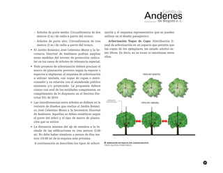 37
~~ Árboles de porte medio: Circunferencia de dos
metros (2 m.) de radio a partir del tronco.
~~ Árboles de porte alto: Circunferencia de tres
metros (3 m.) de radio a partir del tronco.
•	 El Jardín Botánico José Celestino Mutis y la Se-
cretaría Distrital de Ambiente podrán ampliar
estas medidas del terreno de protección radicu-
lar en los casos de árboles de relevancia especial.
•	 Todo proyecto de arborización deberá precisar el
marco de plantación previsto según la especie o
especies a implantar, el esquema de arborización
a utilizar (aislada, con toque de copas o entre-
cruzado) y su relación con el alumbrado público
existente y/o proyectado. La propuesta deberá
contar con aval de las entidades competentes, en
cumplimiento de lo dispuesto en el Decreto Dis-
trital 531 de 2010.
•	 Las interdistancias entre árboles se definen en la
revisión de diseños que realiza el Jardín Botáni-
co José Celestino Mutis y la Secretaría Distrital
de Ambiente. Aquellas se deben establecer según
el porte del árbol y el tipo de marco de planta-
ción que se utilice.
•	 La distancia mínima del eje de siembra a la fa-
chada de las edificaciones es tres metros (3.00
m). No debe haber siembras a menos de diez me-
tros (10.00 m) de la esquina más próxima.
A continuación se describen los tipos de arbori-
zación y el esquema representativo que se pueden
utilizar en el diseño paisajístico:
Arborización Toque de Copa: Distribución li-
neal de arborización en un espacio que permite que
las copas de los ejemplares (en estado adulto) es-
tén libres. Es decir, no se tocan ni entrelazan entre
ellas.
██ Arborización con toque de copa. Esquema Indicativo.
FUENTE: TALLER DEL ESPACIO PÚBLICO
 