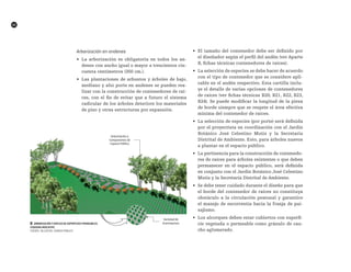 42
██ Arborización y empleo de superficies permeables.
Esquema indicativo.
FUENTE: TALLER DEL ESPACIO PÚBLICO
Arborización en andenes
•	 La arborización es obligatoria en todos los an-
denes con ancho igual o mayor a trescientos cin-
cuenta centímetros (350 cm.).
•	 Las plantaciones de arbustos y árboles de bajo,
mediano y alto porte en andenes se pueden rea-
lizar con la construcción de contenedores de raí-
ces, con el fin de evitar que a futuro el sistema
radicular de los árboles deteriore los materiales
de piso y otras estructuras por expansión.
•	 El tamaño del contenedor debe ser definido por
el diseñador según el perfil del andén (ver Aparte
B, fichas técnicas contenedores de raíces).
•	 La selección de especies se debe hacer de acuerdo
con el tipo de contenedor que se considere apli-
cable en el andén respectivo. Esta cartilla inclu-
ye el detalle de varias opciones de contenedores
de raíces (ver fichas técnicas B20, B21, B22, B23,
B24). Se puede modificar la longitud de la pieza
de borde siempre que se respete el área efectiva
mínima del contenedor de raíces.
•	 La selección de especies (por porte) será definida
por el proyectista en coordinación con el Jardín
Botánico José Celestino Mutis y la Secretaría
Distrital de Ambiente. Esto, para árboles nuevos
a plantar en el espacio público.
•	 La pertinencia para la construcción de contenedo-
res de raíces para árboles existentes o que deben
permanecer en el espacio público, será definida
en conjunto con el Jardín Botánico José Celestino
Mutis y la Secretaría Distrital de Ambiente.
•	 Se debe tener cuidado durante el diseño para que
el borde del contenedor de raíces no constituya
obstáculo a la circulación peatonal y garantice
el manejo de escorrentía hacia la franja de pai-
sajismo.
•	 Los alcorques deben estar cubiertos con superfi-
cie vegetada o permeable como gránulo de cau-
cho aglomerado.
 