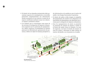 56
•	 El diseño de las alamedas perimetrales debe ga-
rantizar espacios de contemplación y recorridos
peatonales complementados con arborización,
donde se garantice el uso colectivo a través de un
espacio cualificado mediante zonas con cobertu-
ra vegetal y mobiliario urbano.
•	 Los andenes que se intervengan como parte de
las acciones de mitigación de impactos urbanís-
ticos negativos por la operación de equipamien-
tos, deben conservar la posibilidad de tránsito
peatonal sin dificultad por aglomeración de per-
sonas y deben ser objeto de manejo paisajístico y
de arborización en la medida en que el ancho del
andén y las franjas funcionales lo permitan.
•	 El diseño del andén se debe integrar al antejardín
del equipamiento de acuerdo con lo dispuesto en el
instrumento de planeamiento que determine las ac-
ciones para la mitigación de impactos urbanísticos.
•	 Para los equipamientos de salud, se permitirá
la propuesta de rampas de ingreso y salida en
el frente del andén contra la calzada a la zona
de urgencias, con base al estudio de transito; la
zona de cargue y descargue se debe realizar al
interior del predio y no se permite en el andén.
██ Esquema indicativo
FUENTE: TALLER DEL ESPACIO PÚBLICO
 
