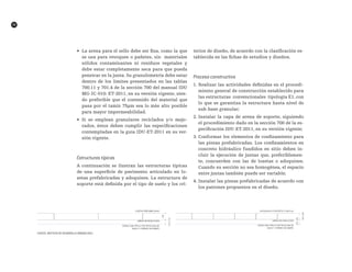 72
•	 La arena para el sello debe ser fina, como la que
se usa para revoques o pañetes, sin materiales
sólidos contaminantes ni residuos vegetales y
debe estar completamente seca para que pueda
penetrar en la junta. Su granulometría debe estar
dentro de los límites presentados en las tablas
700.11 y 701.4 de la sección 700 del manual IDU
MG-IC-010: ET-2011, en su versión vigente, sien-
do preferible que el contenido del material que
pasa por el tamiz 75µm sea lo más alto posible
para mayor impermeabilidad.
•	 Si se emplean granulares reciclados y/o mejo-
rados, éstos deben cumplir las especificaciones
contempladas en la guía IDU-ET-2011 en su ver-
sión vigente.
Estructuras típicas
A continuación se ilustran las estructuras típicas
de una superficie de pavimento articulado en lo-
setas prefabricadas y adoquines. La estructura de
soporte está definida por el tipo de suelo y los cri-
terios de diseño, de acuerdo con la clasificación es-
tablecida en las fichas de estudios y diseños.
Proceso constructivo
1.	Realizar las actividades definidas en el procedi-
miento general de construcción establecido para
las estructuras convencionales tipología E1, con
lo que se garantiza la estructura hasta nivel de
sub-base granular;
2.	Instalar la capa de arena de soporte, siguiendo
el procedimiento dado en la sección 700 de la es-
pecificación IDU-ET-2011, en su versión vigente;
3.	Conformar los elementos de confinamiento para
las piezas prefabricadas. Los confinamientos en
concreto hidráulico fundidos en sitio deben in-
cluir la ejecución de juntas que, preferiblemen-
te, concuerden con las de losetas o adoquines.
Cuando su sección no sea homogénea, el espacio
entre juntas también puede ser variable;
4.	Instalar las piezas prefabricadas de acuerdo con
los patrones propuestos en el diseño.
   
Fuente: Instituto de desarrollo urbano (idu)
 
