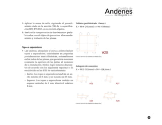 73
5.	Aplicar la arena de sello, siguiendo el procedi-
miento dado en la sección 700 de la especifica-
ción IDU-ET-2011, en su versión vigente.
6.	Realizar la compactación de los elementos prefa-
bricados, con el objeto de garantizar el acomoda-
miento y trabazón de las piezas.
Topes o separadores
•	 Las tabletas, adoquines y losetas, podrán incluir
topes o separadores, consistentes en pequeñas
protuberancias semi-cilíndricas, sobresalientes
en los lados de las piezas, que permiten mantener
constante la apertura de las juntas al momento
de la instalación. Dichos topes estarán dispues-
tos de acuerdo con los siguientes esquemas o lo
establecido en las NTC de cada elemento:
~~ Ancho: Los topes o separadores tendrán un an-
cho mínimo de 4 mm. y un máximo de 15 mm.
~~ Espesor: Los topes o separadores tendrán un
espesor estándar de 2 mm, siendo el máximo
4 mm.
Tableta prefabricada (Panot):
X = 98/4 (24,5mm) a 198/3 (66mm.)
 Fuente: Instituto de desarrollo urbano (idu)
Adoquín de concreto:
X = 98/3 (32,6mm) a 98/4 (24,5mm.)
 
Fuente: Instituto de desarrollo urbano (idu)
 