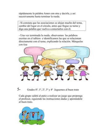 rápidamente la palabra Amor con otra y decirla, y así
sucesivamente hasta terminar la rueda.
- Si constata que las asociaciones se alejan mucho del tema,
cambie del lugar en el círculo, antes que llegue su turno y
diga una palabra que vuelva a conectarlos con él.
- Una vez terminada la rueda, observamos las palabras
escritas en el tablero e identificamos las que se relacionan
directamente con el tema, explicando la relación. Márquelas
con tiza
5- Grados 0º, 1º, 2º, 3º y 4º Juguemos al buen trato
Cada grupo saldrá al patio a realizar un juego que proponga
el profesor, siguiendo las instrucciones dadas y apostándole
al buen trato.
 