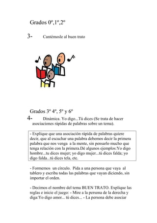 Grados 0º,1º,2º
3- Cantémosle al buen trato
Grados 3º 4º, 5º y 6º
4- Dinámica. Yo digo...Tú dices (Se trata de hacer
asociaciones rápidas de palabras sobre un tema).
- Explique que una asociación rápida de palabras quiere
decir, que al escuchar una palabra debemos decir la primera
palabra que nos venga a la mente, sin pensarlo mucho que
tenga relación con la primera.Dé algunos ejemplos:Yo digo
hombre...tu dices mujer; yo digo mujer...tú dices falda; yo
digo falda...tú dices tela, etc.
- Formemos un círculo. Pida a una persona que vaya al
tablero y escriba todas las palabras que vayan diciendo, sin
importar el orden.
- Decimos el nombre del tema BUEN TRATO. Explique las
reglas e inicie el juego: - Mire a la persona de la derecha y
diga:Yo digo amor... tú dices... - La persona debe asociar
 