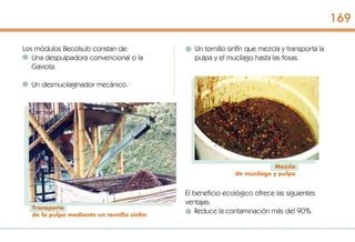 Los módulos Becolsub constan de:
Una despulpadora convencional o la
Gaviota.
Un desmucilaginador mecánico.
Mezcla
de mucílago y pulpa
Transporte
de la pulpa mediante un tornillo sinfín
Un tornillo sinfín que mezcla y transporta la
pulpa y el mucílago hasta las fosas.
El beneficio ecológico ofrece las siguientes
ventajas:
Reduce la contaminación más del 90%.
169
 