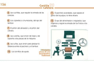 5. Las cuchillas, que regulan la entrada de las
cerezas.
6. Los cojinetes o chumaceras, del eje del
tambor.
7. El piñón del alineador y el piñón del
cilindro.
8. Las cureñas, que sirven de base y de
soporte a las piezas de la máquina.
9. Las cuñas, que sirven para graduar la
distancia entre el pechero y el tambor.
10. Los tornillos de ajuste.
Principales
piezas de una
despulpadora
tradicional
11. El pechero acanalado, que separa el
grano de la pulpa y lo lleva afuera.
12. El eje del alimentador o regulador, que
organiza y regula la entrada de los frutos a los
canales.
156
 