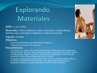 Edad: 1,7 a 2,0 años
Materiales: lúdico-didáctico como: memorias, rompecabezas,
láminas, que contengan imágenes en orden secuencial.
Espacio: cerrado.
Objetivos
    Solucionar problemas apropiándose del espacio.
    Estimular la atención y la memoria.
Procedimiento
    Proveerle a los niños y las niñas material lúdico-didáctico como: memorias,
    rompecabezas, láminas, que contengan imágenes en orden secuencial. Iniciar
    con dos piezas, luego tres piezas, cinco piezas; complejizar la actividad de
    acuerdo al ritmo de aprendizaje del niño y la niña.
    La madre integral proporcionará tubos de cartón y varios aros elaborados en
    el mismo material de varios tamaños, pero siguiendo una secuencia
    (pequeño, mediano, grande) para que el niño y la niña ensarten.
 