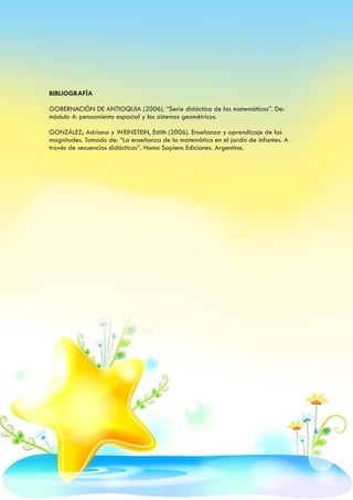 BIBLIOGRAFÍA

GOBERNACIÓN DE ANTIOQUIA (2006). “Serie didáctica de las matemáticas”. De:
módulo 4: pensamiento espacial y los sistemas geométricos.

GONZÁLEZ; Adriana y WEINSTEIN, Edith (2006). Enseñanza y aprendizaje de las
magnitudes. Tomado de: “La enseñanza de la matemática en el jardín de infantes. A
través de secuencias didácticas”. Homo Sapiens Ediciones. Argentina.
 