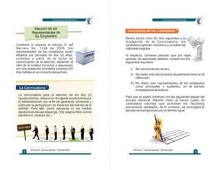 URNA
Comisiones de PersonalComisiones de PersonalComisiones de PersonalComisiones de Personal
6
Elección de los
Representantes de
los Empleados
La Convocatoria
Inscripción de los Candidatos
VOTE AQUI
5
Conforme lo dispone el artículo 4º del
Decreto No. 1228 de 2005, los
representantes de los empleados serán
elegidos por períodos de dos (2) años,
contados a partir de la fecha de
comunicación de la elección, debiendo el
Jefe de la entidad convocar a elecciones
con una antelación no inferior a treinta (30)
días hábiles al vencimiento del período.
La convocatoria para la elección de los dos (2)
representantes, deberá ser divulgada ampliamente por
la Administración con el fin de garantizar, promover y
estimular la participación de todos los servidores de la
entidad. Para ello, podrá apoyarse en los medios
electrónicos de que disponga. (Vgr. página Web, correo
electrónico, intranet, etc.)
Artículo 5° del Decreto No. 1228 de 2005.1
1
2
iii)
Dentro de los cinco (5) días siguientes a la
divulgación de la Convocatoria, los
candidatos deberán inscribirse y acreditar las
calidades exigidas.
Al respecto, conviene precisar que por regla
general, los aspirantes deberán cumplir con los
siguientes requisitos:
Ser servidores de carrera.
No haber sido sancionados disciplinariamente en el
último año.
No haber sido representantes de los empleados
como principales o suplentes, en el período
inmediatamente anterior.
Para que se pueda continuar con las siguientes etapas del
proceso electoral, deberán haber al menos cuatro (4)
candidatos inscritos que acrediten los requisitos
previamente señalados; de lo contrario, se prorrogará el
período de inscripciones por un término igual.
ii)
i)
Artículo 7° del Decreto No. 1228 de 2005.2
 