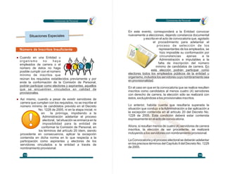 Situaciones Especiales
Comisiones de PersonalComisiones de Personal
14
Comisiones de PersonalComisiones de Personal
13
Cuando en una Entidad u
organismo no haya
empleados de carrera o el
número de éstos no haga
posible cumplir con el número
mínimo de inscritos que
Número de Inscritos Insuficiente
Así mismo, cuando a pesar de existir servidores de
carrera que cumplan con los requisitos, no se inscribe el
número mínimo de candidatos previsto en el Decreto
No. 1228 de 2005, ni en la etapa inicial, ni
en la prórroga, impidiendo a la
Administración adelantar el proceso
electoral, tal situación se enmarca en la
imposibilidad para la entidad de
conformar la Comisión de Personal, en
los términos del artículo 20 ídem, siendo
procedente en consecuencia, aplicar la excepción
contenida en dicha norma en lo que respecta a la
participación como aspirantes y electores de los
servidores vinculados a la entidad a través de
nombramiento provisional.
reúnan los requisitos establecidos previamente y por
ende la conformación de la Comisión de Personal,
podrán participar como electores y aspirantes, aquellos
que se encuentren vinculados en calidad de
provisionales.
En este evento, corresponderá a la Entidad convocar
nuevamente a elecciones, dejando constancia documental
y escrita en el acto de convocatoria que, agotado
el procedimiento para adelantar el
proceso de selección de los
representantes de los empleados, se
hizo imposible su conformación por
circunstancias ajenas a la
Administración e imputables a la
falta de inscripción del número
mínimo de candidatos de carrera. En
esta elección podrán participar como
electores todos los empleados públicos de la entidad u
organismo, incluidos los servidores cuyo nombramiento sea
en provisionalidad.
En el caso en que en la convocatoria que se realice resulten
inscritos como candidatos al menos cuatro (4) servidores
con derecho de carrera, la elección sólo se realizará con
éstos, excluyéndose a los provisionales inscritos.
Lo anterior, habida cuenta que resultaría superada la
situación que condujo a la Administración a dar aplicación a
la excepción contenida en el artículo 20 del Decreto No.
1228 de 2005. Esta condición deberá estar contenida
expresamente en el acto de convocatoria.
Ahora, si resultan menos de cuatro (4) servidores de carrera
inscritos, la elección de ser procedente, se realizará
incluyendo a los servidores con nombramiento provisional.
La Convocatoria y el proceso electoral se deberán adelantar
en los precisos términos del Capítulo II del Decreto No. 1228
de 2005.
 