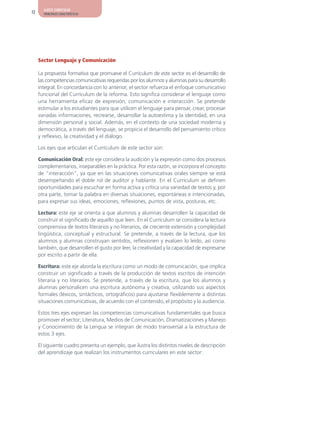 AJUSTE CURRICULAR
12     PRINCIPALES CARACTERÍSTICAS




     Sector Lenguaje y Comunicación

     La propuesta formativa que promueve el Currículum de este sector es el desarrollo de
     las competencias comunicativas requeridas por los alumnos y alumnas para su desarrollo
     integral. En concordancia con lo anterior, el sector refuerza el enfoque comunicativo
     funcional del Currículum de la reforma. Esto significa considerar el lenguaje como
     una herramienta eficaz de expresión, comunicación e interacción. Se pretende
     estimular a los estudiantes para que utilicen el lenguaje para pensar, crear, procesar
     variadas informaciones, recrearse, desarrollar la autoestima y la identidad, en una
     dimensión personal y social. Además, en el contexto de una sociedad moderna y
     democrática, a través del lenguaje, se propicia el desarrollo del pensamiento crítico
     y reflexivo, la creatividad y el diálogo.

     Los ejes que articulan el Currículum de este sector son:

     Comunicación Oral: este eje considera la audición y la expresión como dos procesos
     complementarios, inseparables en la práctica. Por esta razón, se incorpora el concepto
     de “interacción”, ya que en las situaciones comunicativas orales siempre se está
     desempeñando el doble rol de auditor y hablante. En el Currículum se definen
     oportunidades para escuchar en forma activa y crítica una variedad de textos y, por
     otra parte, tomar la palabra en diversas situaciones, espontáneas e intencionadas,
     para expresar sus ideas, emociones, reflexiones, puntos de vista, posturas, etc.

     Lectura: este eje se orienta a que alumnos y alumnas desarrollen la capacidad de
     construir el significado de aquello que leen. En el Currículum se considera la lectura
     comprensiva de textos literarios y no literarios, de creciente extensión y complejidad
     lingüística, conceptual y estructural. Se pretende, a través de la lectura, que los
     alumnos y alumnas construyan sentidos, reflexionen y evalúen lo leído, así como
     también, que desarrollen el gusto por leer, la creatividad y la capacidad de expresarse
     por escrito a partir de ella.

     Escritura: este eje aborda la escritura como un modo de comunicación, que implica
     construir un significado a través de la producción de textos escritos de intención
     literaria y no literarios. Se pretende, a través de la escritura, que los alumnos y
     alumnas personalicen una escritura autónoma y creativa, utilizando sus aspectos
     formales (léxicos, sintácticos, ortográficos) para ajustarse flexiblemente a distintas
     situaciones comunicativas, de acuerdo con el contenido, el propósito y la audiencia.

     Estos tres ejes expresan las competencias comunicativas fundamentales que busca
     promover el sector; Literatura, Medios de Comunicación, Dramatizaciones y Manejo
     y Conocimiento de la Lengua se integran de modo transversal a la estructura de
     estos 3 ejes.

     El siguiente cuadro presenta un ejemplo, que ilustra los distintos niveles de descripción
     del aprendizaje que realizan los instrumentos curriculares en este sector:
 