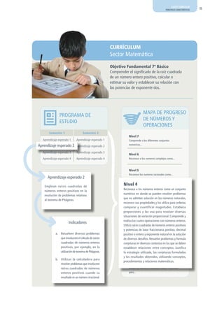 AJUSTE CURRICULAR
                                                                                                     PRINCIPALES CARACTERÍSTICAS   15




                                                        CURRÍCULUM
                                                        Sector Matemática
                                                        Objetivo Fundamental 7º Básico
                                                        Comprender el significado de la raíz cuadrada
                                                        de un número entero positivo, calcular o
                                                        estimar su valor y establecer su relación con
                                                        las potencias de exponente dos.




                                                                                 MaPa dE PrOGrESO
                PrOGraMa dE
                                                                                 dE NúMErOS y
                ESTUdIO
                                                                                 OPEraCIONES




                                                        }
       Semestre 1                   Semestre 2
                                                                    Nivel 7
   Aprendizaje esperado 1      Aprendizaje esperado 1               Comprende a los diferentes conjuntos
aprendizaje esperado 2                                              numericos...
  Aprendizaje esperado 2       Aprendizaje esperado 2
   Aprendizaje esperado 3      Aprendizaje esperado 3
                                                                    Nivel 6
   Aprendizaje esperado 4      Aprendizaje esperado 4               reconoce a los numeros complejos como...



                                                                    Nivel 5
                                                                    reconoce los numeros racionales como...
      aprendizaje esperado 2

    Emplean raíces cuadradas de
                                                                Nivel 4
                                                                reconoce a los números enteros como un conjunto
    números enteros positivos en la
                                                                numérico en donde se pueden resolver problemas
    resolución de problemas relativos
                                                                que no admiten solución en los números naturales,
    al teorema de Pitágoras.
                                                                reconoce sus propiedades y los utiliza para ordenar,
                                                                comparar y cuantificar magnitudes. Establece
                                                                proporciones y las usa para resolver diversas
                                                                situaciones de variación proporcional. Comprende y
                                                                realiza las cuatro operaciones con números enteros.
                        Indicadores
                                                                Utiliza raíces cuadradas de números enteros positivos
                                                                y potencias de base fraccionaria positiva, decimal
             a. resuelven diversos problemas                    positivo o entero y exponente natural en la solución
                que involucren el cálculo de raíces             de diversos desafíos. resuelve problemas y formula
                cuadradas de números enteros                    conjeturas en diversos contextos en los que se deben
                positivos, por ejemplo, en la                   establecer relaciones entre conceptos. Justifica
                utilización de teorema de Pitágoras.                 Nivel 2
                                                                la estrategia utilizada, las conjeturas formuladas
                                                                y los resultados obtenidos, utilizando conceptos,
             b. Utilizan la calculadora para
                                                                procedimientos y relaciones matemáticas.
                resolver problemas que involucren                    Nivel 1
                raíces cuadradas de números                         Utiliza los numeros naturales hasta 1.000.000
                enteros positivos cuando su                         para...
                resultado es un número irracional.
 