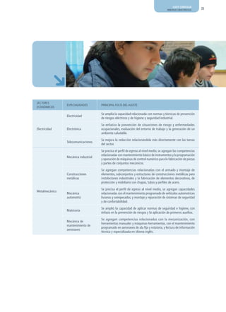 AJUSTE CURRICULAR
                                                                                          PRINCIPALES CARACTERÍSTICAS   23




SECTOrES
                ESPECIaLIdadES        PrINCIPaL FOCO dEL aJUSTE
ECONÓMICOS

                                      Se amplía la capacidad relacionada con normas y técnicas de prevención
                Electricidad
                                      de riesgos eléctricos y de higiene y seguridad industrial.

                                      Se enfatiza la prevención de situaciones de riesgo y enfermedades
Electricidad    Electrónica           ocupacionales, evaluación del entorno de trabajo y la generación de un
                                      ambiente saludable.

                                      Se mejora la redacción relacionándola más directamente con las tareas
                Telecomunicaciones
                                      del sector.

                                      Se precisa el perfil de egreso al nivel medio, se agregan las competencias
                                      relacionadas con mantenimiento básico de instrumentos y la programación
                Mecánica industrial
                                      y operación de máquinas de control numérico para la fabricación de piezas
                                      y partes de conjuntos mecánicos.

                                      Se agregan competencias relacionadas con el armado y montaje de
                Construcciones        elementos, subconjuntos y estructuras de construcciones metálicas para
                metálicas             instalaciones industriales y la fabricación de elementos decorativos, de
                                      protección y mobiliario con chapas, tubos y perfiles de acero.

                                      Se precisa el perfil de egreso al nivel medio, se agregan capacidades
Metalmecánico
                Mecánica              relacionadas con el mantenimiento programado de vehículos automotrices
                automotriz            livianos y semipesados, y montaje y reparación de sistemas de seguridad
                                      y de confortabilidad.

                                      Se amplió la capacidad de aplicar normas de seguridad e higiene, con
                Matricería
                                      énfasis en la prevención de riesgos y la aplicación de primeros auxilios.

                                      Se agregan competencias relacionadas con la mecanización, con
                Mecánica de
                                      herramientas manuales y máquinas-herramientas, con el mantenimiento
                mantenimiento de
                                      programado en aeronaves de ala fija y rotatoria, y lectura de información
                aeronaves
                                      técnica y especializada en idioma inglés.
 