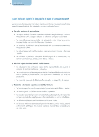 AJUSTE CURRICULAR
6     PRINCIPALES CARACTERÍSTICAS




    ¿Cuáles fueron los objetivos de este proceso de ajuste al Currículum nacional?

    Manteniendo el enfoque del Currículum vigente, y conforme a los objetivos definidos
    para el proceso de ajuste, los principales cambios realizados fueron:


    a. Para los sectores de aprendizaje:

       • Se mejoró la redacción de los Objetivos Fundamentales y Contenidos Mínimos
         Obligatorios (OF-CMO) para precisar su extensión y mejorar su claridad.

       • Se mejoró la secuencia curricular y la articulación entre ciclos, tanto entre
         Básica y Media, como con la Educación Parvularia.

       • Se visibilizó la presencia de las habilidades en los Contenidos Mínimos
         Obligatorios (CMO).

       • Se redujo la extensión del Currículum, especialmente en Ciencias y Ciencias
         Sociales.

       • Se fortaleció la presencia transversal de tecnologías de la información y las
         comunicaciones (TICs), en educación Básica y Media.

    b. Para las especialidades Técnico Profesionales:

       • Se actualizaron los perfiles de egreso de las especialidades, de acuerdo a
         estudios de pertinencia laboral y educativa.

       • Se actualizaron los perfiles de egreso al nivel de Enseñanza Media, articulándolos
         con los perfiles profesionales de cada especialidad elaborados por el sector
         productivo.

       • Se mejoró la presencia de Objetivos Transversales en los perfiles de egreso.

    c. Respecto a temas de organización del Currículum:

       • Se homologaron los nombres para los sectores en educación Básica y Media.

       • Se homologaron los OFT en educación Básica y Media.

       • Se separó el sector Comprensión del Medio Natural, Social y Cultural, mejorando
         así la presencia de Ciencias Naturales y Ciencias Sociales en primer ciclo Básico.

       • Se definieron objetivos y contenidos específicos de Inglés.

       • Se revisó la definición de niveles en primer ciclo Básico, único ciclo que tiene
         definidos OF-CMO para dos años de escolares, elaborándose para cada uno
         de estos años.
 