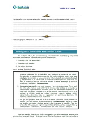 Historia de la Cultura




Lee las definiciones y extracta de todas ellas los elementos que forman parte de la cultura.
………………………………………………………………………………………………………………
………………………………………………………………………………………………………………
………………………………………………………………………………………………………………
………………………………………………………………………………………………………………
………………………………………………………………………………………………………………
………………………………………………………………………………………………………………
……………………………………………………………………………………………………………..



Realiza tu propias definición de C U L T U R A
………………………………………………………………………………………………………………
………………………………………………………………………………………………………………
………………………………………………………………………………………………………………
………………………………………………………………………………………………………………

  Las tres grandes dimensiones de la actividad cultural

       En cualquier cultura, los conocimientos y comportamientos aprendidos y compartidos
se pueden agrupar en las siguientes tres grandes dimensiones:
    1. Las relaciones con la naturaleza.
    2. Las relaciones sociales.
    3. La cultura simbólica.
Lee y analiza el siguiente texto:


      1. Nuestras relaciones con la naturaleza, para sobrevivir y aprovechar sus bienes.
         Por ejemplo: el mantenimiento sostenible del medio ambiente, según cada área
         ecológica; la vivienda y su agrupamiento; la indumentaria; la alimentación; la salud
         y el tratamiento de la enfermedad; el transporte; la transformación productiva. Es
         ésta la dimensión principal de lo que también se llama tecnología y –por sus
         productos y artefactos– cultura material.
      2. Las relaciones sociales con otras personas y entre grupos sociales. Entran aquí
         los roles y las normas para conformar la familia; entre familias; la comunidad y
         otros niveles superiores hasta el Estado y más allá. Es también el ámbito de las
         relaciones de género, de clase social e inter étnicas; de la organización social y
         política; la división social del trabajo (hombres, mujeres, adultos, niños,
         comerciantes, docentes, etc., se especializan en actividades distintas), del
         comercio y demás relaciones de producción.
      3. Lo que nos proyecta más allá de lo que vemos y tocamos y nos permite dar
         sentido a todo el conjunto. Se llama también la cultura simbólica porque, a través
         de señales concretas, significa siempre algo intangible e invisible. Aquí se
         encuentra el lenguaje, las expresiones artísticas (música, danza, artes plásticas y
         otras.), la ética y los valores y la cosmovisión, que suele ir ligada a la religión.




      Las tres grandes dimensiones de la cultura están muy interconectadas, aunque cada
una mantiene su propia lógica y dinámica interna. Muchas formas de supervivencia ayudan a
 