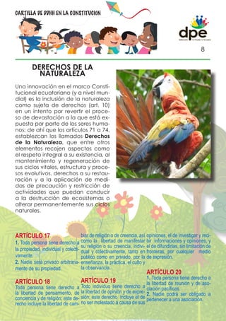 CARTILLA DE DDHH EN LA CONSTITUCIÓN




                                                                                                     8

         DERECHOS DE LA
           NATURALEZA
Una innovación en el marco Consti-
tucional ecuatoriano (y a nivel mun-
dial) es la inclusión de la naturaleza
como sujeta de derechos (art. 10)
en un intento por revertir el proce-
so de devastación a la que está ex-
puesta por parte de los seres huma-
nos; de ahí que los artículos 71 a 74,
establezcan los llamados Derechos
de la Naturaleza, que entre otros
elementos recojen aspectos como
el respeto integral a su existencia, al
mantenimiento y regeneración de
sus ciclos vitales, estructura y proce-
sos evolutivos, derechos a su restau-
ración y a la aplicación de medi-
das de precaución y restricción de
actividades que puedan conducir
a la destrucción de ecosistemas o
alterar permanentemente sus ciclos
naturales.



ARTÍCULO 17                         biar de religión o de creencia, así opiniones, el de investigar y reci-
1. Toda persona tiene derecho a como la libertad de manifestar bir informaciones y opiniones, y
                                    su religión o su creencia, indivi- el de difundirlas, sin limitación de
la propiedad, individual y colecti- dual y colectivamente, tanto en fronteras, por cualquier medio
vamente.                            público como en privado, por la de expresión.
2. Nadie será privado arbitraria- enseñanza, la práctica, el culto y
mente de su propiedad.              la observancia.
                                                                       ARTÍCULO 20
                                                                    1. Toda persona tiene derecho a
ARTÍCULO 18                        ARTÍCULO 19                      la libertad de reunión y de aso-
Toda persona tiene derecho a Todo individuo tiene derecho a ciación pacíficas.
la libertad de pensamiento, de la libertad de opinión y de expre- 2. Nadie podrá ser obligado a
conciencia y de religión; este de- sión; este derecho incluye el de pertenecer a una asociación.
recho incluye la libertad de cam- no ser molestado a causa de sus
 