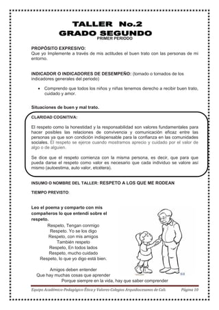 PRIMER PERIODO
PROPÓSITO EXPRESIVO:
Que yo Implemente a través de mis actitudes el buen trato con las personas de mi
entorno.
INDICADOR O INDICADORES DE DESEMPEÑO: (tomado o tomados de los
indicadores generales del periodo)
• Comprendo que todos los niños y niñas tenemos derecho a recibir buen trato,
cuidado y amor.
Situaciones de buen y mal trato.
CLARIDAD COGNITIVA:
El respeto como la honestidad y la responsabilidad son valores fundamentales para
hacer posibles las relaciones de convivencia y comunicación eficaz entre las
personas ya que son condición indispensable para la confianza en las comunidades
sociales. El respeto se ejerce cuando mostramos aprecio y cuidado por el valor de
algo o de alguien.
Se dice que el respeto comienza con la misma persona, es decir, que para que
pueda darse el respeto como valor es necesario que cada individuo se valore así
mismo (autoestima, auto valor, etcétera).
INSUMO O NOMBRE DEL TALLER: RESPETO A LOS QUE ME RODEAN
TIEMPO PREVISTO:
Leo el poema y comparto con mis
compañeros lo que entendí sobre el
respeto.
Respeto, Tengan conmigo
Respeto. Yo se los digo
Respeto, con mis amigos
También respeto
Respeto, En todos lados
Respeto, mucho cuidado
Respeto, lo que yo digo está bien.
Amigos deben entender
Que hay muchas cosas que aprender
Porque siempre en la vida, hay que saber comprender
 