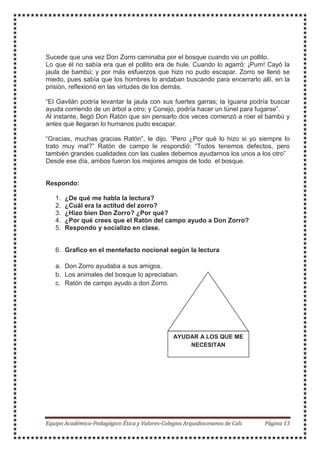 Sucede que una vez Don Zorro caminaba por el bosque cuando vio un pollito.
Lo que él no sabía era que el pollito era de hule. Cuando lo agarró: ¡Pum! Cayó la
jaula de bambú; y por más esfuerzos que hizo no pudo escapar. Zorro se llenó se
miedo, pues sabía que los hombres lo andaban buscando para encerrarlo allí, en la
prisión, reflexionó en las virtudes de los demás.
“El Gavilán podría levantar la jaula con sus fuertes garras; la Iguana podría buscar
ayuda corriendo de un árbol a otro; y Conejo, podría hacer un túnel para fugarse”.
Al instante, llegó Don Ratón que sin pensarlo dos veces comenzó a roer el bambú y
antes que llegaran lo humanos pudo escapar.
“Gracias, muchas gracias Ratón”, le dijo. “Pero ¿Por qué lo hizo si yo siempre lo
trato muy mal?” Ratón de campo le respondió: “Todos tenemos defectos, pero
también grandes cualidades con las cuales debemos ayudarnos los unos a los otro”
Desde ese día, ambos fueron los mejores amigos de todo el bosque.
Respondo:
1. ¿De qué me habla la lectura?
2. ¿Cuál era la actitud del zorro?
3. ¿Hizo bien Don Zorro? ¿Por qué?
4. ¿Por qué crees que el Ratón del campo ayudo a Don Zorro?
5. Respondo y socializo en clase.
6. Grafico en el mentefacto nocional según la lectura
a. Don Zorro ayudaba a sus amigos.
b. Los animales del bosque lo apreciaban.
c. Ratón de campo ayudo a don Zorro.
AYUDAR A LOS QUE ME
NECESITAN
 