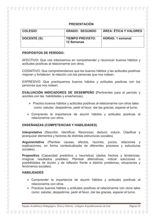 PRESENTACIÓN
COLEGIO: GRADO: SEGUNDO ÁREA: ÉTICA Y VALORES
DOCENTE (S): TIEMPO PREVISTO:
12 Semanas
HORAS: 1 semanal
PROPÓSITOS DE PERÍODO:
AFECTIVO: Que nos interesemos en comprehender y reconocer buenos hábitos y
actitudes positivas al relacionarme con otros.
COGNITIVO: Que comprehendamos que los buenos hábitos y las actitudes positivas
mejoran y fortalecen la relación con las personas que nos rodean.
EXPRESIVO: Que practiquemos buenos hábitos y actitudes positivas con las
personas que nos rodean.
EVALUACIÓN INDICADORES DE DESEMPEÑO (Pertinentes para el período y
acordes con las habilidades y enseñanzas).
Practico buenos hábitos y actitudes positivas al relacionarme con otros tales
como: saludar, despedirme, pedir el favor, dar las gracias, esperar el turno.
Comprendo la importancia de asumir hábitos y actitudes positivas al
relacionarme con otros.
ENSEÑANZAS (COMPETENCIAS Y HABILIDADES)
Interpretativa (Describir, Identificar, Reconocer, deducir, inducir, Clasificar y
jerarquizar elementos y factores de distintas estructuras sociales).
Argumentativa (Plantear causas, efectos, razones, juicios, relaciones y
explicaciones, en forma contextualizada de diferentes procesos y estructuras
sociales).
Propositiva (Capacidad predictiva y heurística) (dados hechos y tendencias,
imaginar resultados posibles). Plantear alternativas, indicar soluciones o
posibilidades de acción y de reflexión frente a distinto problemas, situaciones y
fenómenos sociales).
HABILIDADES
Comprender la importancia de asumir hábitos y actitudes positivas al
relacionarme con otros
Practicar buenos hábitos y actitudes positivas al relacionarme con otros tales
como: saludar, despedirme, pedir el favor, dar las gracias, esperar el turno.
 