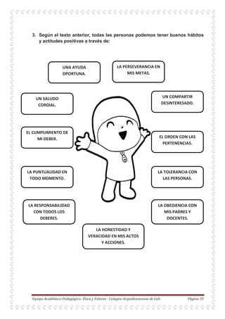 3. Según el texto anterior, todas las personas podemos tener buenos hábitos
y actitudes positivas a través de:
 