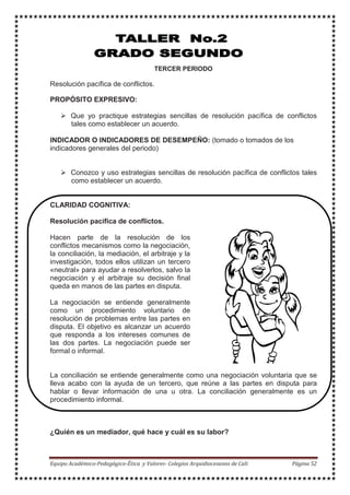 TERCER PERIODO
Resolución pacífica de conflictos.
PROPÓSITO EXPRESIVO:
Que yo practique estrategias sencillas de resolución pacífica de conflictos
tales como establecer un acuerdo.
INDICADOR O INDICADORES DE DESEMPEÑO: (tomado o tomados de los
indicadores generales del periodo)
Conozco y uso estrategias sencillas de resolución pacífica de conflictos tales
como establecer un acuerdo.
CLARIDAD COGNITIVA:
Resolución pacífica de conflictos.
Hacen parte de la resolución de los
conflictos mecanismos como la negociación,
la conciliación, la mediación, el arbitraje y la
investigación, todos ellos utilizan un tercero
«neutral» para ayudar a resolverlos, salvo la
negociación y el arbitraje su decisión final
queda en manos de las partes en disputa.
La negociación se entiende generalmente
como un procedimiento voluntario de
resolución de problemas entre las partes en
disputa. El objetivo es alcanzar un acuerdo
que responda a los intereses comunes de
las dos partes. La negociación puede ser
formal o informal.
La conciliación se entiende generalmente como una negociación voluntaria que se
lleva acabo con la ayuda de un tercero, que reúne a las partes en disputa para
hablar o llevar información de una u otra. La conciliación generalmente es un
procedimiento informal.
¿Quién es un mediador, qué hace y cuál es su labor?
 