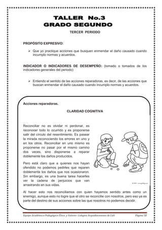 TERCER PERIODO
PROPÓSITO EXPRESIVO:
Que yo practique acciones que busquen enmendar el daño causado cuando
incumplo normas y acuerdos.
INDICADOR O INDICADORES DE DESEMPEÑO: (tomado o tomados de los
indicadores generales del periodo)
Entiendo el sentido de las acciones reparadoras, es decir, de las acciones que
buscan enmendar el daño causado cuando incumplo normas y acuerdos.
Acciones reparadoras.
CLARIDAD COGNITIVA
Reconciliar no es olvidar ni perdonar, es
reconocer todo lo ocurrido y es proponerse
salir del círculo del resentimiento. Es pasear
la mirada reconociendo los errores en uno y
en los otros. Reconciliar en uno mismo es
proponerse no pasar por el mismo camino
dos veces, sino disponerse a reparar
doblemente los daños producidos.
Pero está claro que a quienes nos hayan
ofendido no podemos pedirles que reparen
doblemente los daños que nos ocasionaron.
Sin embargo, es una buena tarea hacerles
ver la cadena de perjuicios que van
arrastrando en sus vidas.
Al hacer esto nos reconciliamos con quien hayamos sentido antes como un
enemigo, aunque esto no logre que el otro se reconcilie con nosotros, pero eso ya es
parte del destino de sus acciones sobre las que nosotros no podemos decidir.
 