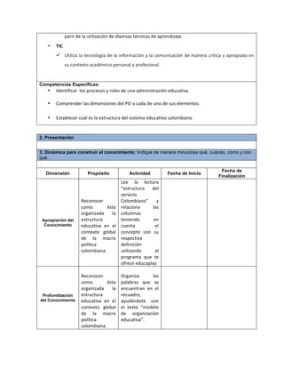 parir	
  de	
  la	
  utilización	
  de	
  diversas	
  técnicas	
  de	
  aprendizaje.	
  	
  
• TIC
ü Utiliza	
  la	
  tecnología	
  de	
  la	
  información	
  y	
  la	
  comunicación	
  de	
  manera	
  crítica	
  y	
  apropiada	
  en	
  
su	
  contexto	
  académico	
  personal	
  y	
  profesional.	
  
Competencias Específicas:
• Identificar	
  	
  los	
  procesos	
  y	
  roles	
  de	
  una	
  administración	
  educativa.	
  
	
  
• Comprender	
  las	
  dimensiones	
  del	
  PEI	
  y	
  cada	
  de	
  uno	
  de	
  sus	
  elementos.	
  
• Establecer	
  cuál	
  es	
  la	
  estructura	
  del	
  sistema	
  educativo	
  colombiano
2. Presentación
3. Dinámica para construir el conocimiento: Indique de manera minuciosa qué, cuándo, cómo y con
qué.
Dimensión Propósito Actividad Fecha de Inicio
Fecha de
Finalización
Apropiación del
Conocimiento
	
  
Reconocer	
  
como	
   ésta	
  
organizada	
   la	
  
estructura	
  
educativa	
   en	
   el	
  
contexto	
   global	
  
de	
   la	
   macro	
  
política	
  
colombiana.	
  
Lee	
   la	
   lectura	
  
“estructura	
   del	
  
servicio	
  
Colombiano”	
   y	
  
relaciona	
   las	
  
columnas	
  
teniendo	
   en	
  
cuenta	
   el	
  
concepto	
   con	
   su	
  
respectiva	
  
definición	
  
utilizando	
   el	
  
programa	
   que	
   te	
  
ofrece	
  educaplay	
  	
  	
  
Profundización
del Conocimiento
	
  
Reconocer	
  
como	
   ésta	
  
organizada	
   la	
  
estructura	
  
educativa	
   en	
   el	
  
contexto	
   global	
  
de	
   la	
   macro	
  
política	
  
colombiana.	
  
Organiza	
   las	
  
palabras	
   que	
   se	
  
encuentran	
   en	
   el	
  
recuadro,	
  
ayudándote	
   con	
  
el	
   texto	
   “modelo	
  
de	
   organización	
  
educativa”.	
  
 