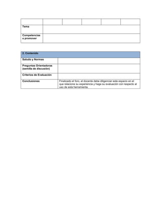 Tema
Competencias
a promover
2. Contenido
Saludo y Normas
Preguntas Orientadoras
(semilla de discusión)
Criterios de Evaluación
Conclusiones Finalizado el foro, el docente debe diligenciar este espacio en el
que relacione su experiencia y haga su evaluación con respecto al
uso de esta herramienta.
 