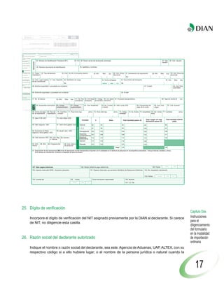 Declaración de Importación                                                                                                                                                                                                                                  Privada
                                                                                                                                                                                                                                                                                                                                                                                                                                                                                                                                                                           500


                                                                                                                                                                                                                                                                                                                        UNIDAD ADMINISTRATIVA ESPECIAL DIRECCION DE IMPUESTOS Y ADUANAS NACIONALES UNIDAD ADMINISTRATIVA ESPECIAL DIRECCION DE IMPUESTOS Y ADUANAS NACIONALES UNIDAD ADMINIS
    1. Año
                                                                                                                                                                                                                                                                                                                                                                                                                                                                                               4. Número de formulario       500700000000 0



                                                                                                                                                                                                                                                                                                                                                                                                                                                                                                                         (415)7707212489984(8020)0500700000000 0


              5. Número de Identificación Tributaria (NIT)                                                                                                                                                                                        6. DV. 11. Apellidos y nombres o razón social
 Importador




              13. Dirección                                                                                                                                                                                                                                                                                                                                                                                                                                                                                        15. Teléfono                      12. Cód. Dirección 16. Cód. 17. Cód. Ciudad/
                                                                                                                                                                                                                                                                                                                                                                                                                                                                                                                                                     seccional           Dpto.    Municipio


              24. Número de Identificación Tributaria (NIT)                                                                                                                                                                                      25. DV. 26. Razón social del declarante autorizado                                                                                                                                                                                                                                                                       27. Tipo    28. Cód. Usuario
 Declarante




                                                                                                                                                                                                                                                                                                                                                                                                                                                                                                                                                                          usuario

              29. Número documento de identificación                                                                                                                                                                                                                  30. Apellidos y nombres


31. Clase 32. Tipo declaración                     33. Cód. 34. No. Formulario anterior                                                                                                                                                                                                         35. Año         Mes   Día                                                                                                                                                                       36. Cód. Direcc. 37. Declaración de exportación          38. Año      Mes       Día    39. Cód. Dirección
importador                                                                                                                                                                                                                                                                                                                                                                                                                                                                                      Seccional                                                                              seccional
                                                                                                                                                                                                                                                                                                                                                                                                                                                                                                                 No.
40. Cód. Lugar ingreso 41. Cod. Depósito 42. Manifiesto de carga
de las mercancías
                                                                    24. Número de Identificación Tributaria (NIT)                                                                                                                                                                                           43. Fecha de llegada                                                                                                                                                                          44. Documento de transporte                                          45. Año   25. DV. 26. Razón social del declarante autorizado
                                                                                                                                                                                                                                                                                                                                                                                                                                                                                                                                                                                            Mes       Dia                                                                                                                                              27. Tipo    28. Cód. Usuario
                                                 Declarante




                                         No.
46. Nombre exportador o proveedor en el exterior
                                                                                                                                                                                                                                                                                                               AAAA                      MM                                                                                                                                                         DD    No.
                                                                                                                                                                                                                                                                                                                                                                                                                                                                                                                                            47. Ciudad                                    48. Cód. País
                                                                                                                                                                                                                                                                                                                                                                                                                                                                                                                                                                                                                                                                                                                                                       usuario
                                                                                                                                                                                                                                                                                                                                                                                                                                                                                                                                                                                          exportador


49. Dirección exportador o proveedor en el exterior                                                                                                                                                                                                                                                                                                                                                                                                                                                       50. E-mail



51. No. de factura
                                                                    29. Número documento de identificación                                                                                                                                        53. Cód. País 54. Cód. Modo 55. Código 56. Cód. destino 57. Empresa transportadora                                                                                                                                                                                                                                      58. Tasa de cambio $      cvs.
                                                                                                                                                                                                                                                                                                                                                                                                                                                                                                                                                                                                                     30. Apellidos y nombres
                                          52. Año             Mes   Día
                                                                                                                                                                                                                                                  procedencia transporte      de bandera mercancía


              59. Subpartida arancelaria 60. Código                 61. Código                                                                                                                                                                                                   62. Cód. Modalidad         63. No. Cuotas 64. Valor cuota USD                                                                                                                                                                                    65. Periodicidad del     66. Cód. País           67. Cód. Acuerdo

S                                        complementario             suplementario                                                                                                                                                                                                                           o meses                                                                                                                                                                                                               pago de la cuota         origen

68. Forma de pago 69. Tipo de               70. Cód.País 71. Peso bruto kgs.                                                                                                                                                                                                          dcms. 72. Peso neto kgs.                                                                                                                                                                                  dcms. 73. Código       74. No. Bultos 75. Subpartidas 76. Cód. Unidad 77. Cantidad                dcms.
de la importación importación                 31. Clase 32. Tipo declaración
                                            compra                                                                                                                                                                                                                                                                                                                                                                                                                                                    embalaje                     33. Cód. 34. No. Formulario anterior
                                                                                                                                                                                                                                                                                                                                                                                                                                                                                                                                                      física
                                                                                                                                                                                                                                                                                                                                                                                                                                                                                                                                                                                                                                               35. Año         Mes   Día    36. Cód. Direcc. 37. Declaración de exportación           38. Año      Mes       Día    39. Cód. Dirección
78. Valor FOB USD                             importador
                                           79. Valor fletes USD
                                                                                                                                                                                                                                                                         Concepto                %                     Base                                                                                                                                                                                  Total liquidado pesos ($)        Total a pagar con esta           Total liquidado dólares
                                                                                                                                                                                                                                                                                                                                                                                                                                                                                                                                                                                                                                                                            Seccional                                                                               seccional
                                                                                                                                                                                                                                                                                                                                                                                                                                                                                                                                              declaración pesos ($)

80. Valor seguros USD                      81. Valor otros gastos USD                                                                                                                                                                                                 Arancel              92             93                                                                                                                                                                                               94                               95                                96
                                                                                                                                                                                                                                                                                                                                                                                                                                                                                                                                                                                        (USD)
                                                                                                                                                                                                                                                                                                                                                                                                                                                                                                                                                                                                                                                                                             No.
                                                                                                                                                                                                                                                    Autoliquidación




                                                                                                                                                                                                                                                                      I. V. A.             97             98                                                                                                                                                                                               99                              100                               101
82. Sumatoria de fletes,
seguros y otros gastos USD
                                              40. Cód. Lugar ingreso 41. Cod. Depósito 42. Manifiesto de carga
                                           83. Ajuste valor USD                                                                                                                                                                                                       Salvaguardia        102             103                                                                                                                                                                                              104                             105                               106                                                                           43. Fecha de llegada        44. Documento de transporte                                          45. Año      Mes       Dia
84. Valor aduana USD
                                              de las mercancías
                                 85. Cód. Reg. 86. Número
                                                                                                                                                                                                                                                                      Derechos
                                                                                                                                                                                                                                                                      compensatorios 107
                                                                                                                                                                                                                                                                      Derechos       112
                                                                                                                                                                                                                                                                                                          108

                                                                                                                                                                                                                                                                                                          113
                                                                                                                                                                                                                                                                                                                                                                                                                                                                                                           109

                                                                                                                                                                                                                                                                                                                                                                                                                                                                                                           114
                                                                                                                                                                                                                                                                                                                                                                                                                                                                                                                                           110

                                                                                                                                                                                                                                                                                                                                                                                                                                                                                                                                           115
                                                                                                                                                                                                                                                                                                                                                                                                                                                                                                                                                                             111

                                                                                                                                                                                                                                                                                                                                                                                                                                                                                                                                                                             116
                                 o licencia
                                                                                       No.                                                                                                                                                                            antidumping
                                                                                                                                                                                                                                                                      Sanción        117                  118                                                                                                                                                                                              119                             120                                                                                                                AAAA     MM         DD   No.
87. Cód.           88. Año    89. Programa No.           90. Cód. Interno                                                                                                                                                                                             Rescate             121             122                                                                                                                                                                                              123                             124
oficina                                                  del producto
                                              46. Nombre exportador o proveedor en el exterior                                                                                                                                                                                                                                                                                                                                                                                                    Total    125                                                               126
                                                                                                                                                                                                                                                                                                                                                                                                                                                                                                                                                                                                                                                                                                                         47. Ciudad                                    48. Cód. País
91. Descripción de las mercancías (NO inicie la descripción de las mercancÍas a importar con lo señalado en el arancel de aduanas en la subpartida arancelaria - Incluya marcas, seriales y otros).
    Si el campo es insuficiente, continúe al respaldo de este formulario.                                                                                                                                                                                                                                                                                                                                                                                                                                                                                                                                                                                                                                                                                              exportador


127. Valor pagos anteriores
                                              49. Dirección exportador o proveedor en el exterior                                                                                                                                                                       128. Recibo oficial de pago anterior No.                                                                                                                                                                                                                                         129. Fecha           AAAA         MM      DD
                                                                                                                                                                                                                                                                                                                                                                                                                                                                                                                                                                                                                                                                                       50. E-mail
130. Espacio reservado DIAN - Actuación aduanera                                                                                                                                                                                                                                         131. Espacio reservado uso exclusivo Ministerio de Relaciones Exteriores                                                                                                                                                                           132. No. Aceptación declaración


                                                                                                                                                                                                                                                                                                                                                                                                                                                                                                                                            133. Fecha             AAAA         MM       DD
134. Levante No.                                                    135.                                                                                                                                                                         Fecha                                      Firma funcionario responsable                                                                                                                                                                                        136. Nombre

                                              51. No. de factura       AAAA                                                                                                                                                                                              MM         DD
                                                                                                                                                                                                                                                                                                                                                                                                                                                                                                                52. Año
                                                                                                                                                                                                                                                                                                                                                                                                                                                                                                                 137. C.C. No.
                                                                                                                                                                                                                                                                                                                                                                                                                                                                                                                                                 Mes                      Día                 53. Cód. País 54. Cód. Modo 55. Código 56. Cód. destino 57. Empresa transportadora                                                                       58. Tasa de cambio $     cvs.
                                                                           UNIDAD ADMINISTRATIVA ESPECIAL DIRECCION DE IMPUESTOS Y ADUANAS NACIONALES UNIDAD ADMINISTRATIVA ESPECIAL DIRECCION DE IMPUESTOS Y ADUANAS NACIONALES UNIDAD ADMINI




Firma declarante                                                                                                                                                                                                                                                          997. Espacio exclusivo para el sello
                                                                                                                                                                                                                                                                               de la entidad recaudadora
                                                                                                                                                                                                                                                                                                                                                                                                                                                                                                             980. Pago total       $
                                                                                                                                                                                                                                                                                                                                                                                                                                                                                                                                                                                              procedencia transporte      de bandera mercancía
                                                                                                                                                                                                                                                                                  (Fecha efectiva de la transacción)

                                                                                                                                                                                                                                                                                                                                                                                                                                                                                                                            996. Espacio para el adhesivo de la entidad recaudadora
                                                                                                                                                                                                                                                                                                                                                                                                                                                                                                                                            (Número del adhesivo)


                                                                    59. Subpartida arancelaria 60. Código                                                                                                                                                                                                                                                                                                                                                                                                                                                                  61. Código                                           62. Cód. Modalidad         63. No. Cuotas 64. Valor cuota USD                  65. Periodicidad del     66. Cód. País           67. Cód. Acuerdo

Original: Dirección de Impuestos
          y Aduanas Nacionales
                                              S                                                complementario                                                                                                                                                                    Coloque el timbre de la máquina
                                                                                                                                                                                                                                                                              registradora al dorso de este formulario
                                                                                                                                                                                                                                                                                                                                                                                                                                                                                                                                                                           suplementario                                                                   o meses                                             pago de la cuota         origen

                                              68. Forma de pago 69. Tipo de                                                                                                                                                                                                                                                                                                                                                                                                                                        70. Cód.País 71. Peso bruto kgs.                                                                                  dcms. 72. Peso neto kgs.               dcms. 73. Código        74. No. Bultos 75. Subpartidas 76. Cód. Unidad 77. Cantidad                dcms.
                                              de la importación importación                                                                                                                                                                                                                                                                                                                                                                                                                                        compra                                                                                                                                                         embalaje                                         física

                                              78. Valor FOB USD                                                                                                                                                                                                                                                                                                                                                                                                                                                  79. Valor fletes USD
                                                                                                                                                                                                                                                                                                                                                                                                                                                                                                                                                                                                                        Concepto                %                    Base                Total liquidado pesos ($)         Total a pagar con esta           Total liquidado dólares
                                                                                                                                                                                                                                                                                                                                                                                                                                                                                                                                                                                                                                                                                                                           declaración pesos ($)                     (USD)

                                              80. Valor seguros USD                                                                                                                                                                                                                                                                                                                                                                                                                                              81. Valor otros gastos USD                                                                          Arancel              92             93                             94                               95                                96
                                                                                                                                                                                                                                                                                                                                                                                                                                                                                                                                                                                                   Autoliquidación




                                                                                                                                                                                                                                                                                                                                                                                                                                                                                                                                                                                                                     I. V. A.             97             98                             99                              100                               101
                                              82. Sumatoria de fletes,                                                                                                                                                                                                                                                                                                                                                                                                                                           83. Ajuste valor USD                                                                                Salvaguardia        102             103                           104                              105                               106
                                              seguros y otros gastos USD
                                                                                                                                                                                                                                                                                                                                                                                                                                                                                                                                                                                                                     Derechos                            108                           109                                                                111
                                                                                                                                                                                                                                                                                                                                                                                                                                                                                                                                                                                                                     compensatorios 107                                                                                 110
                                              84. Valor aduana USD                                                                                                                                                                                                                                                    85. Cód. Reg. 86. Número                                                                                                                                                                                                                                                                       Derechos       112                  113                           114                              115                               116
                                                                                                                                                                                                                                                                                                                      o licencia                                                                                                                                                                                                                                                                                     antidumping
                                                                                                                                                                                                                                                                                                                                                                                                                                                                                                                                                                                                                     Sanción        117                  118                           119                              120
                                              87. Cód.                                                                                                                                                                                                                 88. Año                             89. Programa No.                                                                                                                                                                                                                   90. Cód. Interno                                                       Rescate             121             122                           123                              124
                                              oficina                                                                                                                                                                                                                                                                                                                                                                                                                                                                                         del producto
                                                                                                                                                                                                                                                                                                                                                                                                                                                                                                                                                                                                                                                                              Total    125                                                                126

                                              91. Descripción de las mercancías (NO inicie la descripción de las mercancÍas a importar con lo señalado en el arancel de aduanas en la subpartida arancelaria - Incluya marcas, seriales y otros).
                                                  Si el campo es insuficiente, continúe al respaldo de este formulario.




                                              127. Valor pagos anteriores                                                                                                                                                                                                                                                                                                                                                                                                                                                                                                                                              128. Recibo oficial de pago anterior No.                                                                       129. Fecha           AAAA         MM      DD
                                              130. Espacio reservado DIAN - Actuación aduanera                                                                                                                                                                                                                                                                                                                                                                                                                                                                                                                                          131. Espacio reservado uso exclusivo Ministerio de Relaciones Exteriores         132. No. Aceptación declaración


                                                                                                                                                                                                                                                                                                                                                                                                                                                                                                                                                                                                                                                                                                                         133. Fecha             AAAA         MM       DD
                                              134. Levante No.                                                                                                                                                                                                                                                                                                                                                                                                                                                                                                        135.                  Fecha                                          Firma funcionario responsable                     136. Nombre

                                                                                                                                                                                                                                                                                                                                                                                                                                                                                                                                                                                     AAAA                               MM         DD                                                        137. C.C. No.




25. Dígito de verificación
                                                                                                                                                                                                                                                                                                                                                                                                                                                                                                                                                                                                                                                                                                                                                                                         Capítulo Dos
                                    Incorpore el dígito de verificación del NIT asignado previamente por la DIAN al declarante. Si carece                                                                                                                                                                                                                                                                                                                                                                                                                                                                                                                                                                                                                                                Instrucciones
                                    de NIT, no diligencie esta casilla.
                                                                                                                                                                                                                                                                                                                                                                                                                                                                                                                                                                                                                                                                                                                                                                                         para el
                                                                                                                                                                                                                                                                                                                                                                                                                                                                                                                                                                                                                                                                                                                                                                                         diligenciamiento
                                                                                                                                                                                                                                                                                                                                                                                                                                                                                                                                                                                                                                                                                                                                                                                         del formulario
                                                                                                                                                                                                                                                                                                                                                                                                                                                                                                                                                                                                                                                                                                                                                                                         en la modalidad
26. Razón social del declarante autorizado                                                                                                                                                                                                                                                                                                                                                                                                                                                                                                                                                                                                                                                                                                                                               de importación
                                                                                                                                                                                                                                                                                                                                                                                                                                                                                                                                                                                                                                                                                                                                                                                         ordinaria
                                    Indique el nombre o razón social del declarante, sea este: Agencia de Aduanas, UAP, ALTEX, con su
                                    respectivo código si a ello hubiere lugar; o el nombre de la persona jurídica o natural cuando la



                                                                                                                                                                                                                                                                                                                                                                                                                                                                                                                                                                                                                                                                                                                                                                                             17
 