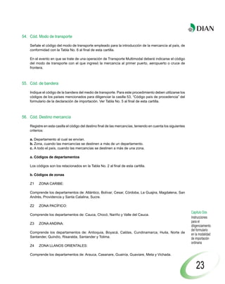 54. Cód. Modo de transporte

    Señale el código del modo de transporte empleado para la introducción de la mercancía al país, de
    conformidad con la Tabla No. 6 al final de esta cartilla.

    En el evento en que se trate de una operación de Transporte Multimodal deberá indicarse el código
    del modo de transporte con el que ingresó la mercancía al primer puerto, aeropuerto o cruce de
    frontera.



55. Cód. de bandera

    Indique el código de la bandera del medio de transporte. Para este procedimiento deben utilizarse los
    códigos de los países mencionados para diligenciar la casilla 53, “Código país de procedencia” del
    formulario de la declaración de importación. Ver Tabla No. 5 al final de esta cartilla.



56. Cód. Destino mercancía

    Registre en esta casilla el código del destino final de las mercancías, teniendo en cuenta los siguientes
    criterios:

    a. Departamento al cual se envían.
    b. Zona, cuando las mercancías se destinen a más de un departamento.
    c. A todo el país, cuando las mercancías se destinen a más de una zona.

    a. Códigos de departamentos

    Los códigos son los relacionados en la Tabla No. 2 al final de esta cartilla.

    b. Códigos de zonas

    Z1    ZONA CARIBE:

    Comprende los departamentos de: Atlántico, Bolívar, Cesar, Córdoba, La Guajira, Magdalena, San
    Andrés, Providencia y Santa Catalina, Sucre.

    Z2    ZONA PACÍFICO:
                                                                                                                Capítulo Dos
    Comprende los departamentos de: Cauca, Chocó, Nariño y Valle del Cauca.
                                                                                                                Instrucciones
    Z3    ZONA ANDINA:
                                                                                                                para el
                                                                                                                diligenciamiento
                                                                                                                del formulario
    Comprende los departamentos de: Antioquia, Boyacá, Caldas, Cundinamarca, Huila, Norte de
                                                                                                                en la modalidad
    Santander, Quindío, Risaralda, Santander y Tolima.                                                          de importación
                                                                                                                ordinaria
    Z4    ZONA LLANOS ORIENTALES:

    Comprende los departamentos de: Arauca, Casanare, Guainía, Guaviare, Meta y Vichada.


                                                                                                                    23
 