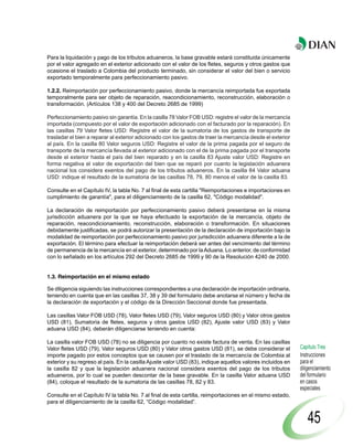Para la liquidación y pago de los tributos aduaneros, la base gravable estará constituida únicamente
por el valor agregado en el exterior adicionado con el valor de los fletes, seguros y otros gastos que
ocasione el traslado a Colombia del producto terminado, sin considerar el valor del bien o servicio
exportado temporalmente para perfeccionamiento pasivo.

1.2.2. Reimportación por perfeccionamiento pasivo, donde la mercancía reimportada fue exportada
temporalmente para ser objeto de reparación, reacondicionamiento, reconstrucción, elaboración o
transformación. (Artículos 138 y 400 del Decreto 2685 de 1999)

Perfeccionamiento pasivo sin garantía. En la casilla 78 Valor FOB USD: registre el valor de la mercancía
importada (compuesto por el valor de exportación adicionado con el facturado por la reparación). En
las casillas 79 Valor fletes USD: Registre el valor de la sumatoria de los gastos de transporte de
trasladar el bien a reparar al exterior adicionado con los gastos de traer la mercancía desde el exterior
al país. En la casilla 80 Valor seguros USD: Registre el valor de la prima pagada por el seguro de
transporte de la mercancía llevada al exterior adicionado con el de la prima pagada por el transporte
desde el exterior hasta el país del bien reparado y en la casilla 83 Ajuste valor USD: Registre en
forma negativa el valor de exportación del bien que se reparó por cuanto la legislación aduanera
nacional los considera exentos del pago de los tributos aduaneros. En la casilla 84 Valor aduana
USD: indique el resultado de la sumatoria de las casillas 78, 79, 80 menos el valor de la casilla 83.

Consulte en el Capítulo IV, la tabla No. 7 al final de esta cartilla "Reimportaciones e importaciones en
cumplimiento de garantía", para el diligenciamiento de la casilla 62, "Código modalidad".

La declaración de reimportación por perfeccionamiento pasivo deberá presentarse en la misma
jurisdicción aduanera por la que se haya efectuado la exportación de la mercancía, objeto de
reparación, reacondicionamiento, reconstrucción, elaboración o transformación. En situaciones
debidamente justificadas, se podrá autorizar la presentación de la declaración de importación bajo la
modalidad de reimportación por perfeccionamiento pasivo por jurisdicción aduanera diferente a la de
exportación. El término para efectuar la reimportación deberá ser antes del vencimiento del término
de permanencia de la mercancía en el exterior, determinado por la Aduana. Lo anterior, de conformidad
con lo señalado en los artículos 292 del Decreto 2685 de 1999 y 90 de la Resolución 4240 de 2000.


1.3. Reimportación en el mismo estado

Se diligencia siguiendo las instrucciones correspondientes a una declaración de importación ordinaria,
teniendo en cuenta que en las casillas 37, 38 y 39 del formulario debe anotarse el número y fecha de
la declaración de exportación y el código de la Dirección Seccional donde fue presentada.

Las casillas Valor FOB USD (78), Valor fletes USD (79), Valor seguros USD (80) y Valor otros gastos
USD (81), Sumatoria de fletes, seguros y otros gastos USD (82), Ajuste valor USD (83) y Valor
aduana USD (84), deberán diligenciarse teniendo en cuenta:

La casilla valor FOB USD (78) no se diligencia por cuanto no existe factura de venta. En las casillas
Valor fletes USD (79), Valor seguros USD (80) y Valor otros gastos USD (81), se debe considerar el          Capítulo Tres
importe pagado por estos conceptos que se causen por el traslado de la mercancía de Colombia al             Instrucciones
exterior y su regreso al país. En la casilla Ajuste valor USD (83), indique aquellos valores incluidos en   para el
la casilla 82 y que la legislación aduanera nacional considera exentos del pago de los tributos             diligenciamiento
aduaneros, por lo cual se pueden descontar de la base gravable. En la casilla Valor aduana USD              del formulario
(84), coloque el resultado de la sumatoria de las casillas 78, 82 y 83.                                     en casos
                                                                                                            especiales
Consulte en el Capítulo IV la tabla No. 7 al final de esta cartilla, reimportaciones en el mismo estado,
para el diligenciamiento de la casilla 62, “Código modalidad”.


                                                                                                                45
 