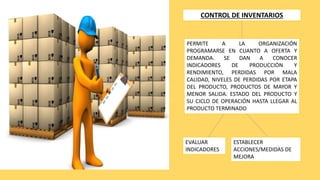 CONTROL DE INVENTARIOS
PERMITE A LA ORGANIZACIÓN
PROGRAMARSE EN CUANTO A OFERTA Y
DEMANDA. SE DAN A CONOCER
INDICADORES DE PRODUCCIÓN Y
RENDIMIENTO, PERDIDAS POR MALA
CALIDAD, NIVELES DE PERDIDAS POR ETAPA
DEL PRODUCTO, PRODUCTOS DE MAYOR Y
MENOR SALIDA. ESTADO DEL PRODUCTO Y
SU CICLO DE OPERACIÓN HASTA LLEGAR AL
PRODUCTO TERMINADO
EVALUAR
INDICADORES
ESTABLECER
ACCIONES/MEDIDAS DE
MEJORA
 
