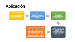 Aplicación
Discutir los hechos y
circunstancias
relevantes relativas a
sus hallazgos con el
nivel adecuado de la
dirección
Plantear diferencias en
cuanto al grado de
formalización con que
se aplican
Conjunto de
deficiencias
significativas en el
control interno
Diseñar un control para
que funcionen de forma
individual o en
combinación con otros,
con el fin de prevenir o
detectar y corregir
eficazmente las
inconsistencias
La comunicación por escrito de las
deficiencias significativas a los
responsables del gobierno de la
entidad refleja la importancia de
estas cuestiones y facilita a los
responsables del gobierno de la
entidad el cumplimiento de sus
responsabilidades de supervisión
 