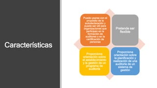 Características
Puede usarse con el
propósito de la
autodeclaración y
puede ser útil para
organizaciones que
participan en la
formación de
auditores o en la
certificación de
personas
Pretende ser
flexible
Proporciona
orientación sobre
el establecimiento
y la gestión de un
programa de
auditoría
Proporciona
orientación sobre
la planificación y
realización de una
auditoría de un
sistema de
gestión
 