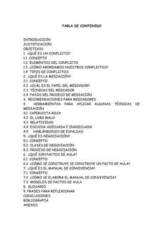TABLA DE CONTENIDO
INTRODUCCIÓN
JUSTIFICACIÓN
OBJETIVOS
1. ¿QUÉ ES UN CONFLICTO?
1.1 CONCEPTO
1.2 ELEMENTOS DEL CONFLICTO
1.3 ¿CÓMO ABORDAMOS NUESTROS CONFLICTOS?
1.4 TIPOS DE CONFLICTOS
2. ¿QUÉ ES LA MEDIACIÓN?
2.1 CONCEPTO
2.2 ¿CUÁL ES EL PAPEL DEL MEDIADOR?
2.3 TÉCNICAS DEL MEDIADOR
2.4 PASOS DEL PROCESO DE MEDIACIÓN
3. RECOMENDACIONES PARA MEDIADORES
4. HERRAMIENTAS PARA APLICAR ALGUNAS TÉCNICAS DE
MEDIACIÓN
4.1 CAPERUCITA ROJA
4.2 EL LOBO MALO
4.3 RELATIVIDAD
4.4 ESCUCHA ADECUADA E INADECUADA
4.5 HABLÁNDONOS DE ESPALDAS
5. ¿QUÉ ES NEGOCIACIÓN?
5.1 CONCEPTO
5.2 CLASES DE NEGOCIACIÓN
5.3 PROCESO DE NEGOCIACIÓN
6. ¿QUÉ SON PACTOS DE AULA?
6.1 CONCEPTO
6.2 ¿CÓMO SE CONSTRUYE SE CONSTRUYE UN PACTO DE AULA?
7. ¿QUÉ ES EL MANUAL DE CONVIVENCIA?
7.1 CONCEPTO
7.2 ¿CÓMO SE ELABORA EL MANUAL DE CONVIVENCIA?
7.3 MODELOS DE PACTOS DE AULA
8. GLOSARIO
9. FRASES PARA REFLEXIONAR
CONCLUSIONES
BIBLIOGRAFIA
ANEXOS
 