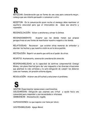 REFLEJAR: Consideración que se forma de una cosa para conocerla mejor,
consejo que uno intenta persuadir o convencer a otro.
RECEPTOR: En la comunicación quien recibe el mensaje debe mantener el
equilibrio emocional para que el intercambio de ideas sea abierto y
razonable.
RECONCILIACIÓN: Volver a amistarse y atraer lo ánimos.
RECONOCIMIENTO: Aceptar que los demás tienen sus propias
perspectivas es una forma de manifestar nuestro respeto a los demás.
RELATIVIDAD: Reconocer que existen otras maneras de entender y
abordar los hechos y que nuestra visión no es la única posible.
REITEACIÓN: Repetir un asunto que está en el poder de otros.
RESPETO: Acatamiento, veneración consideración atención.
RESPONSABILIDAD: es la capacidad de sentirse comprometido Consigo
Mismo, con plena libertad para dar una respuesta a las diversas situaciones
que plantean la vida cotidiana y la auto-obligación de cumplir los deberes
como ser humano, sin presión externa alguna.
RESOLUCIÓN: Aclarar una dificultad y solucionar el problema.
SENTIR: Experimentar sensaciones o sentimientos.
SOLIDARIDAD: Obligación que expresa una virtud y ayuda hacia una
comunidad para responder a sus necesidades e intereses.
SERMONEAR: Amonestación, regaño.
SUPOSICIONES: Lo que supone o se tiene por obvio.
SOSTENIBILIDAD: Apoyo Moral.
 