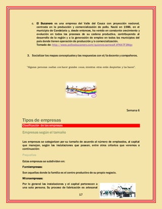 17
c. El Bucanero es una empresa del Valle del Cauca con proyección nacional,
centrada en la producción y comercialización de pollo. Nació en 1986, en el
municipio de Candelaria y, desde entonces, ha venido en constante crecimiento y
evolución en todos los procesos de su cadena productiva, contribuyendo al
desarrollo de la región y a la generación de empleo en todos los municipios del
país donde tienen operación de producción y/o comercialización.
Tomado de: http://www.pollosbucanero.com/quienes-somos#.VFKIt7F3Mgc
3. Socializar los mapas conceptualesy las respuestas con el/ladocente y compañeros.
"Algunas personas sueñan con hacer grandes cosas, mientras otras están despiertas y las hacen".
Semana 6
Tipos de empresas
Clasificación de las empresas
Empresas según el tamaño
Las empresas se categorizan por su tamaño de acuerdo al número de empleados, al capital
que manejan, según las instalaciones que posean, entre otros criterios que veremos a
continuación:
Pequeñas
Estas empresas se subdividen en:
Famiempresas:
Son aquellas donde la familia es el centro productivo de su propio negocio.
Microempresas:
Por lo general las instalaciones y el capital pertenecen a
una sola persona. Su proceso de fabricación es artesanal
 